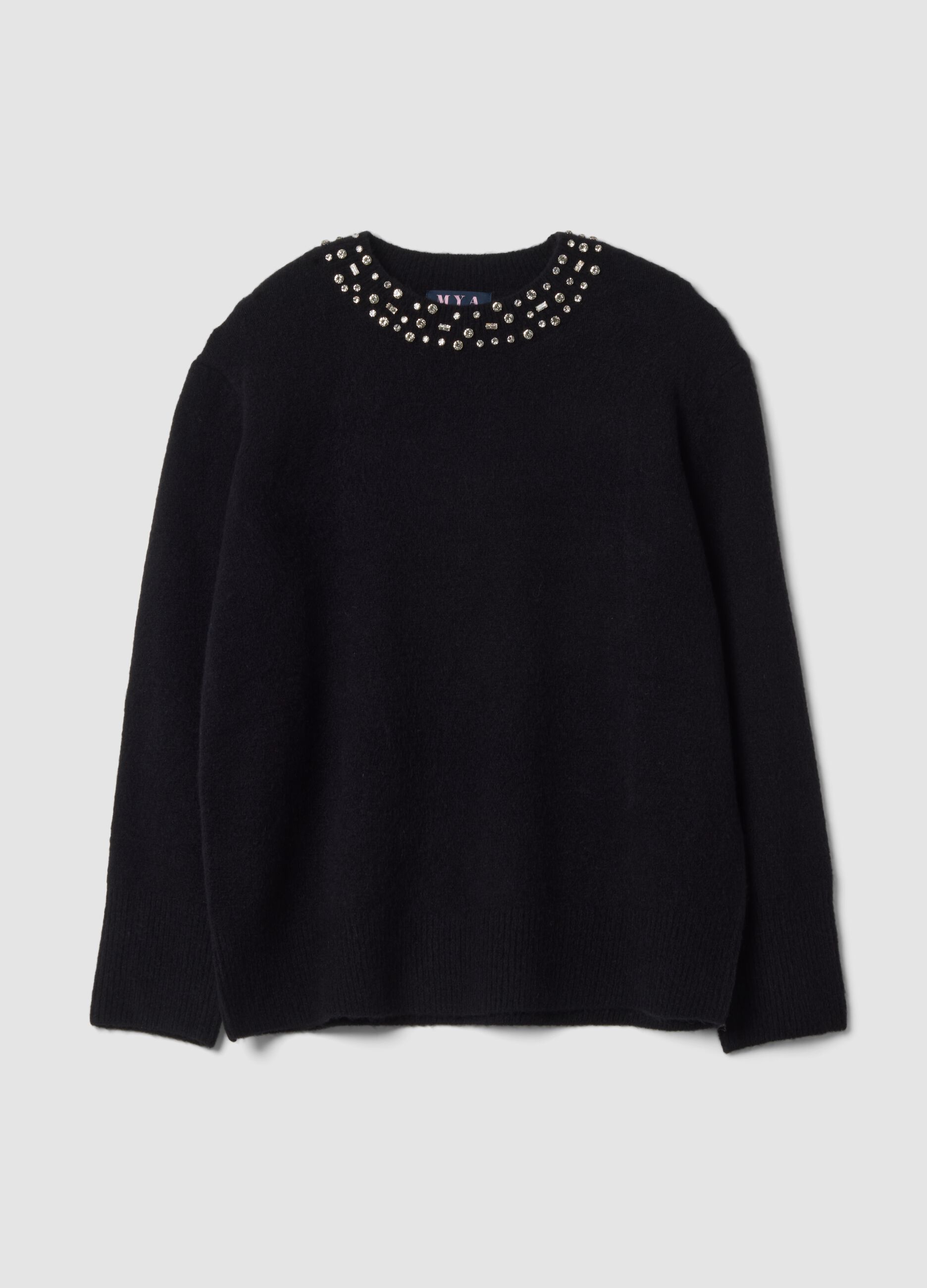 Black stretch wool-blend jumper with rhinestones, regular fit