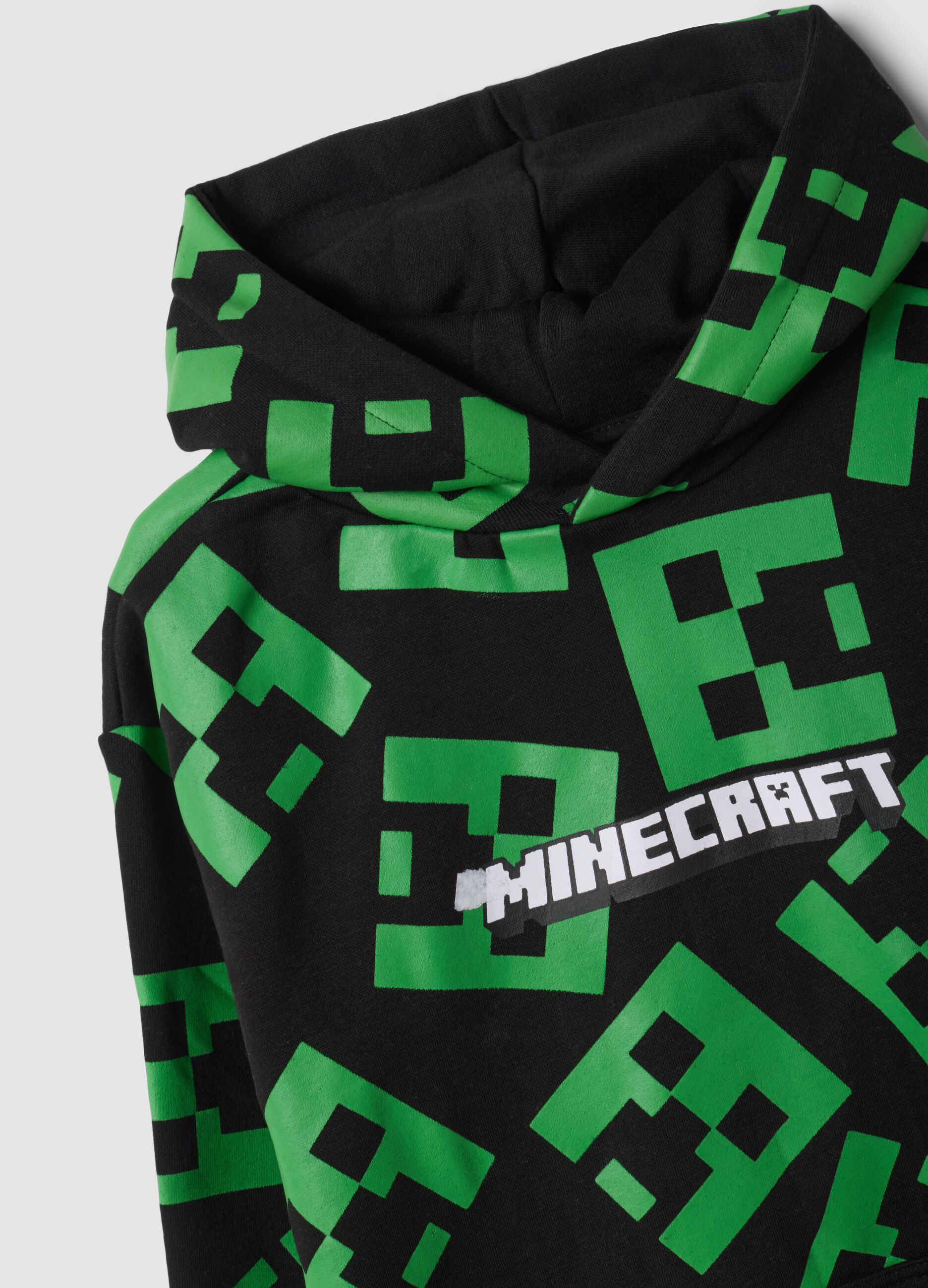 هودي أسود Minecraft بقصّة واسعة من مزيج القطن مع طبعة شاملة