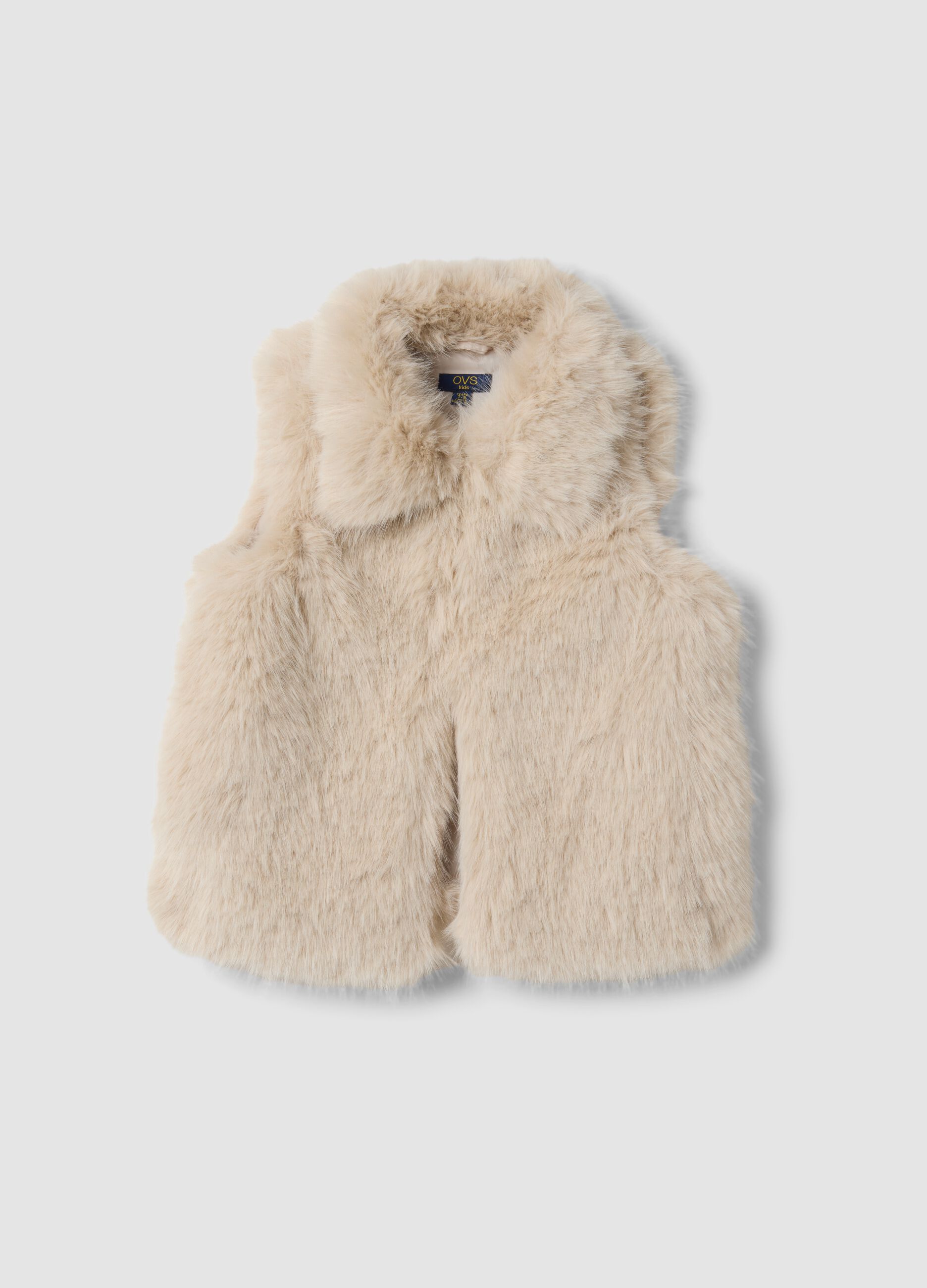 Beige gilet with wide collar and teddy effect
