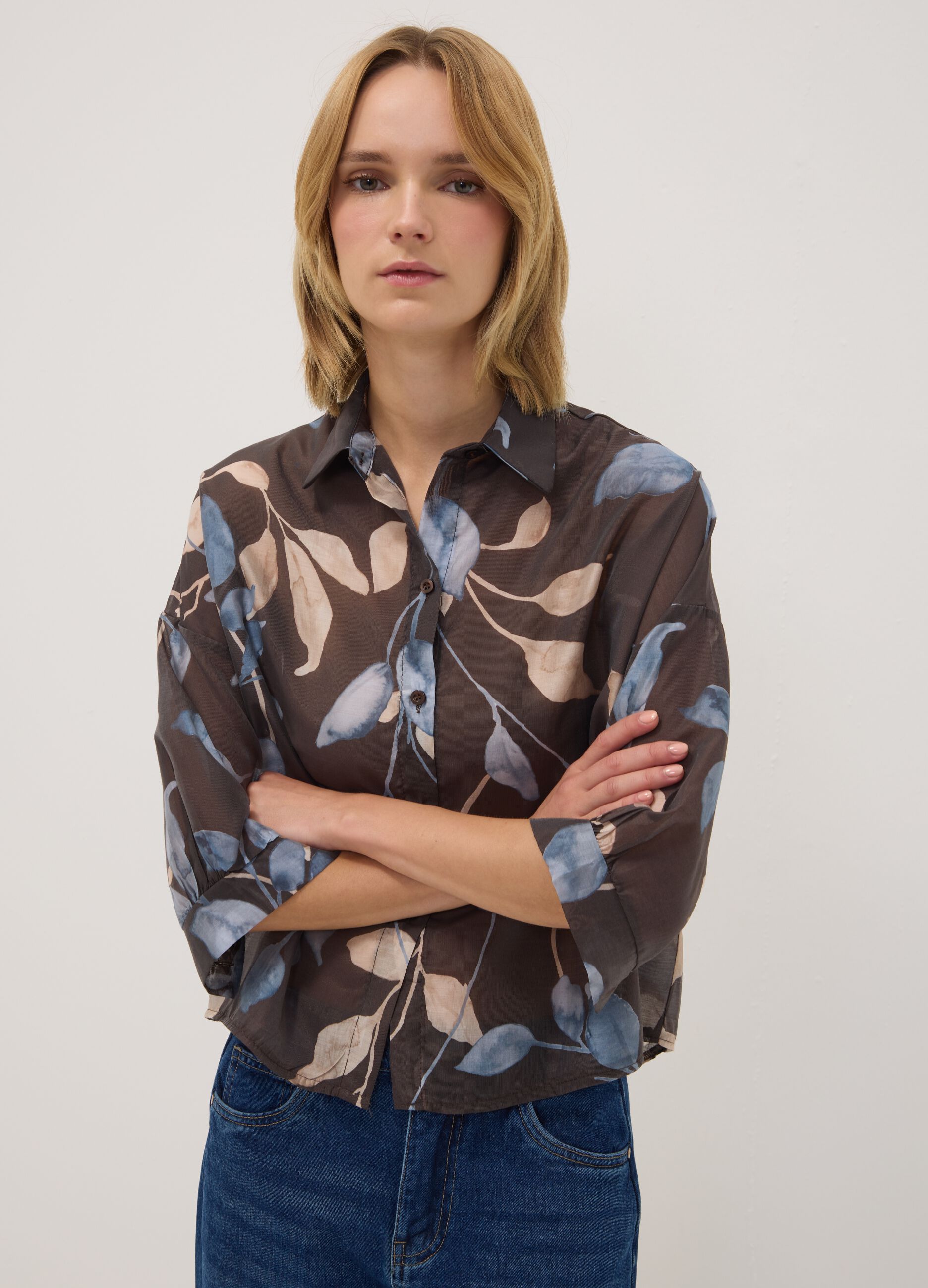 Brown lyocell-blend regular-fit shirt with foliage print