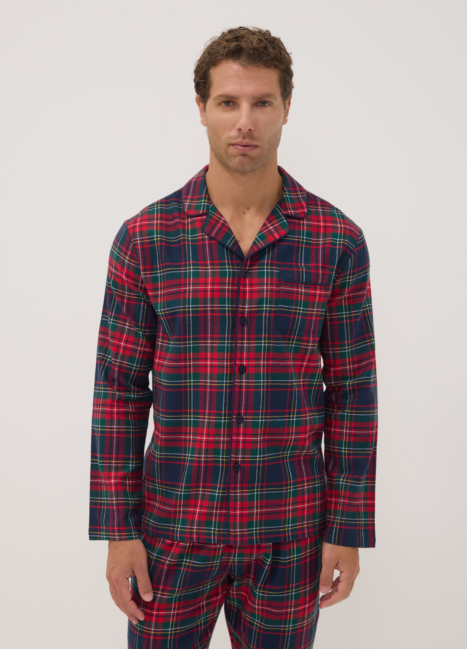 Pigiama rosso con colletto in flanella di puro cotone organico regular fit