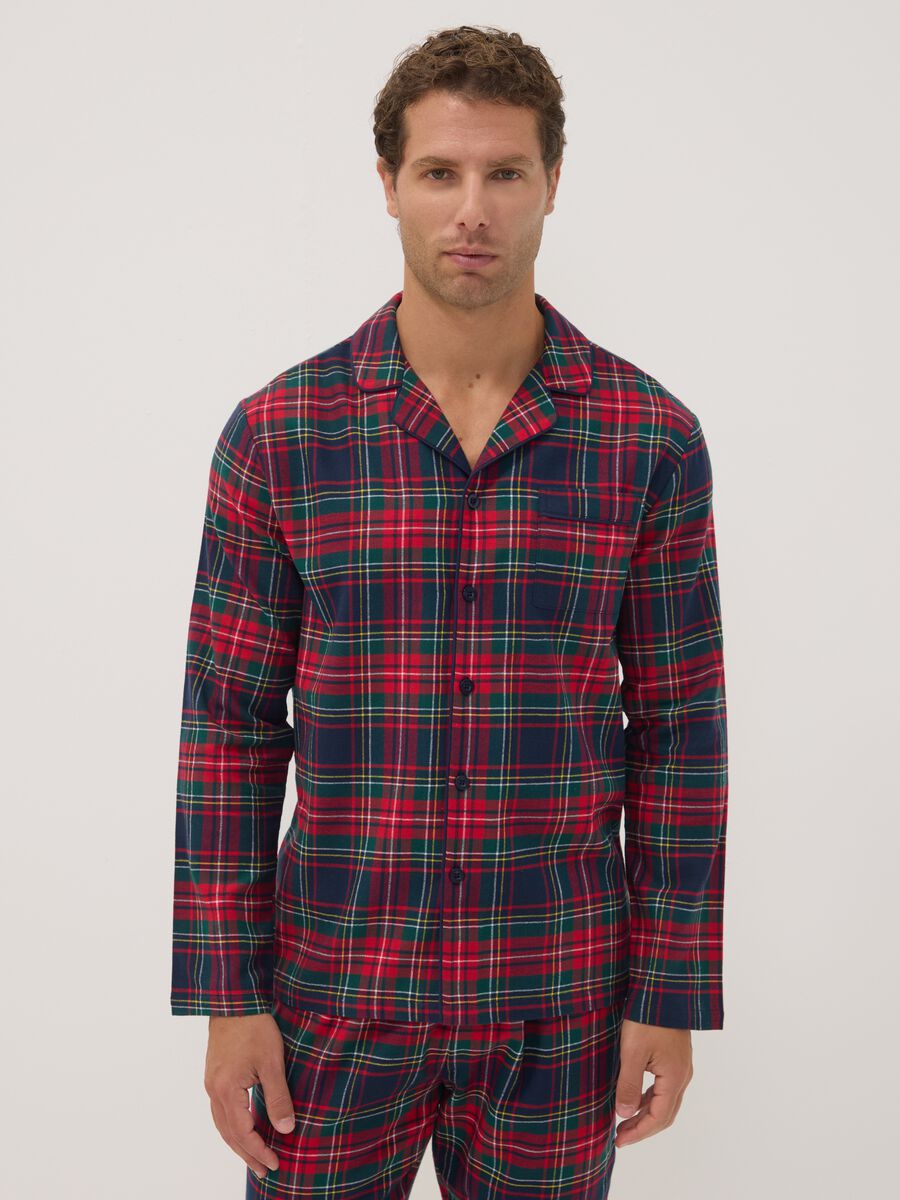 Red regular-fit pyjamas with collar in pure organic cotton flannel_1