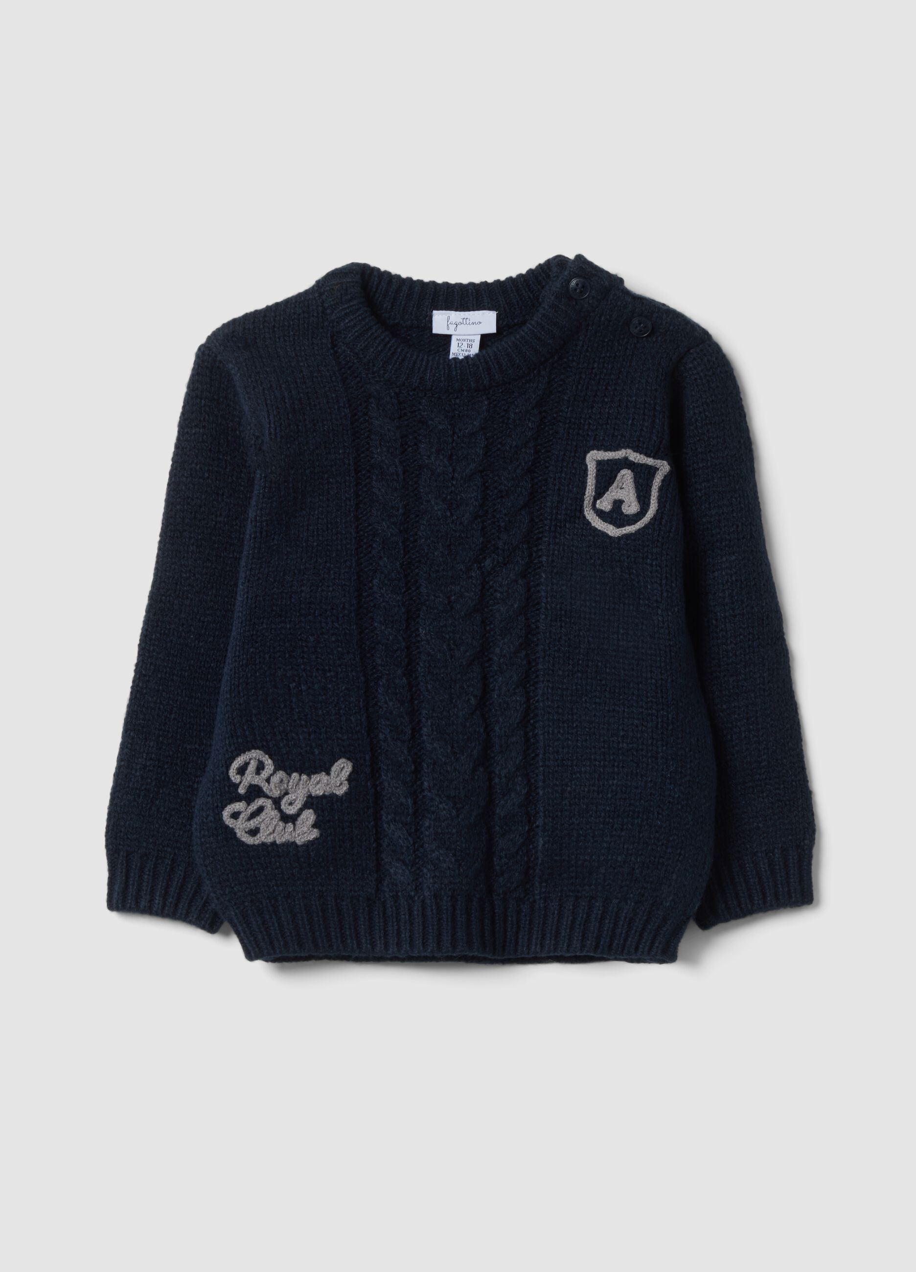 Blue crew-neck cable-knit jumper