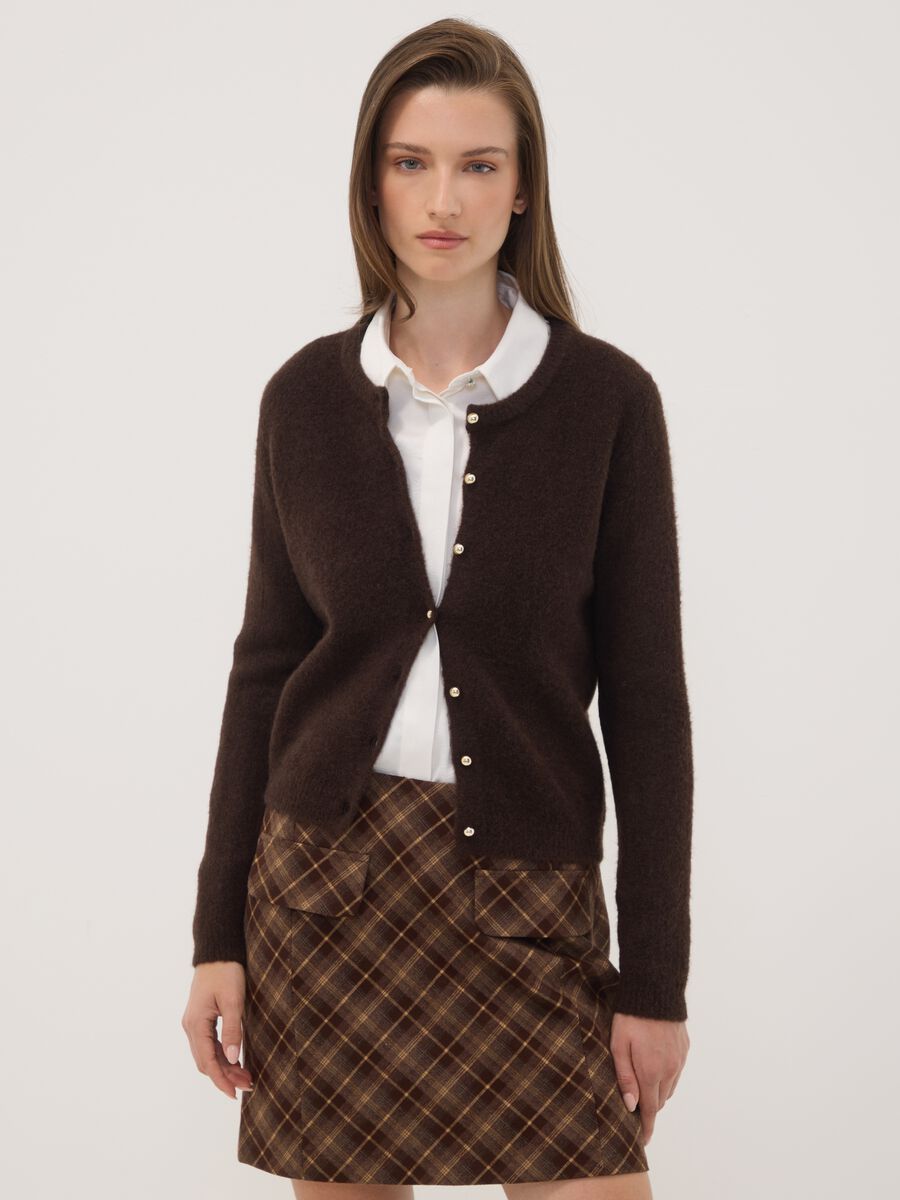 Brown stretch wool crew-neck cardigan, regular fit_0