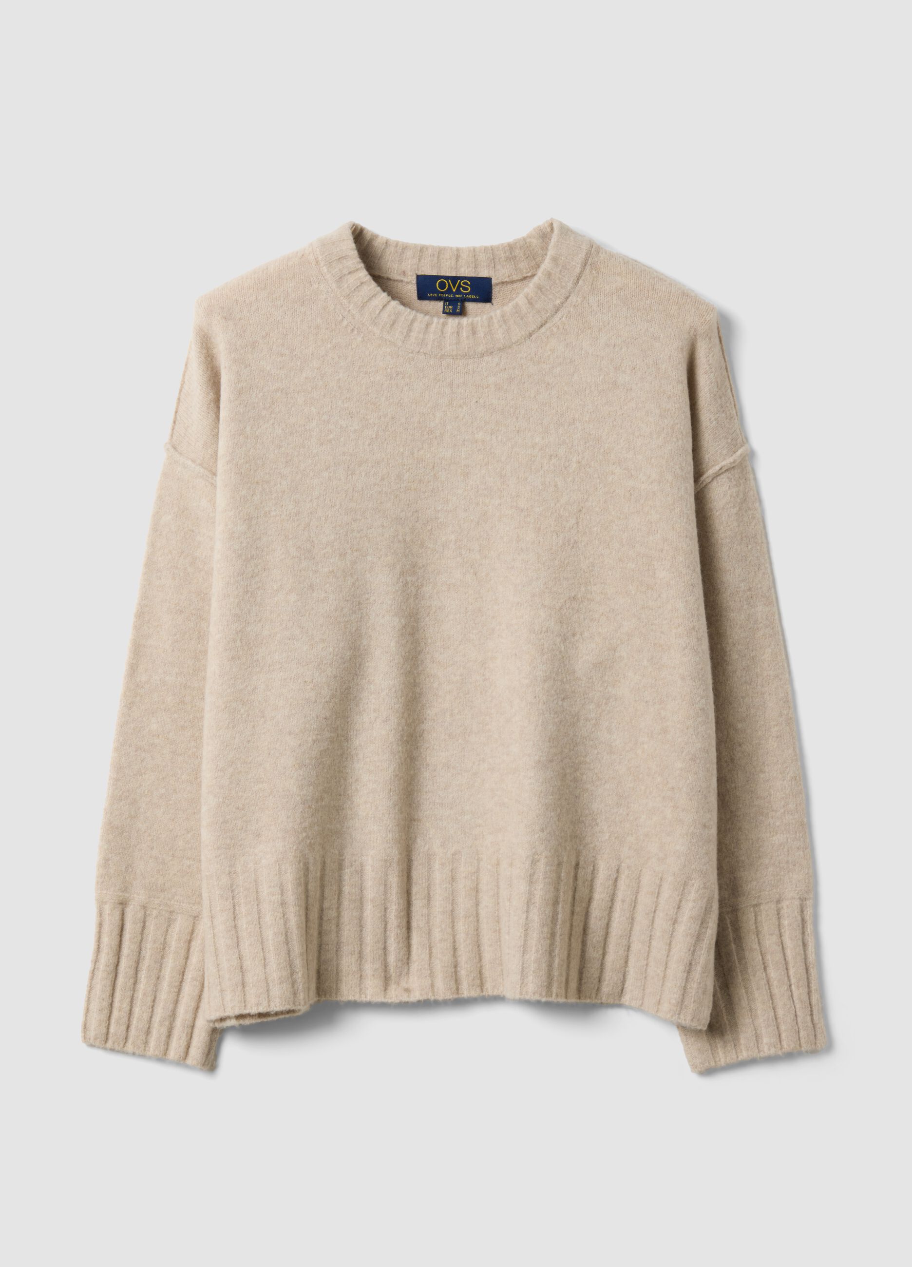 Maglione beige in tessuto elasticizzato girocollo