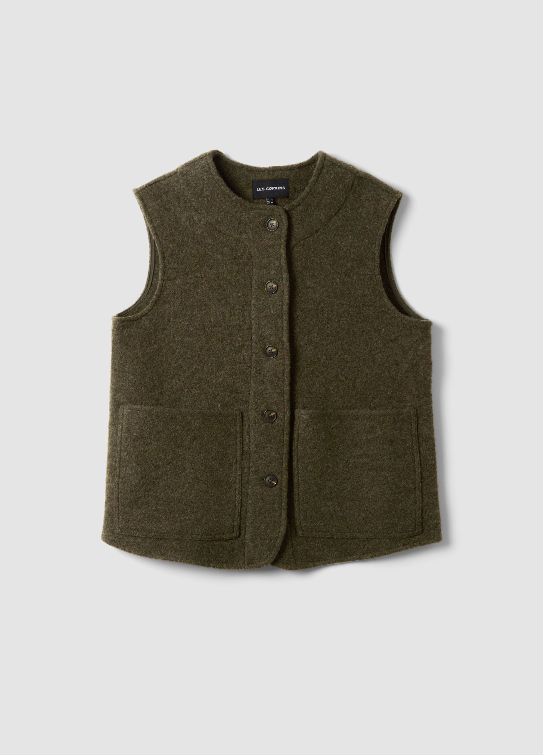Green pure wool crew-neck gilet with oversized fit