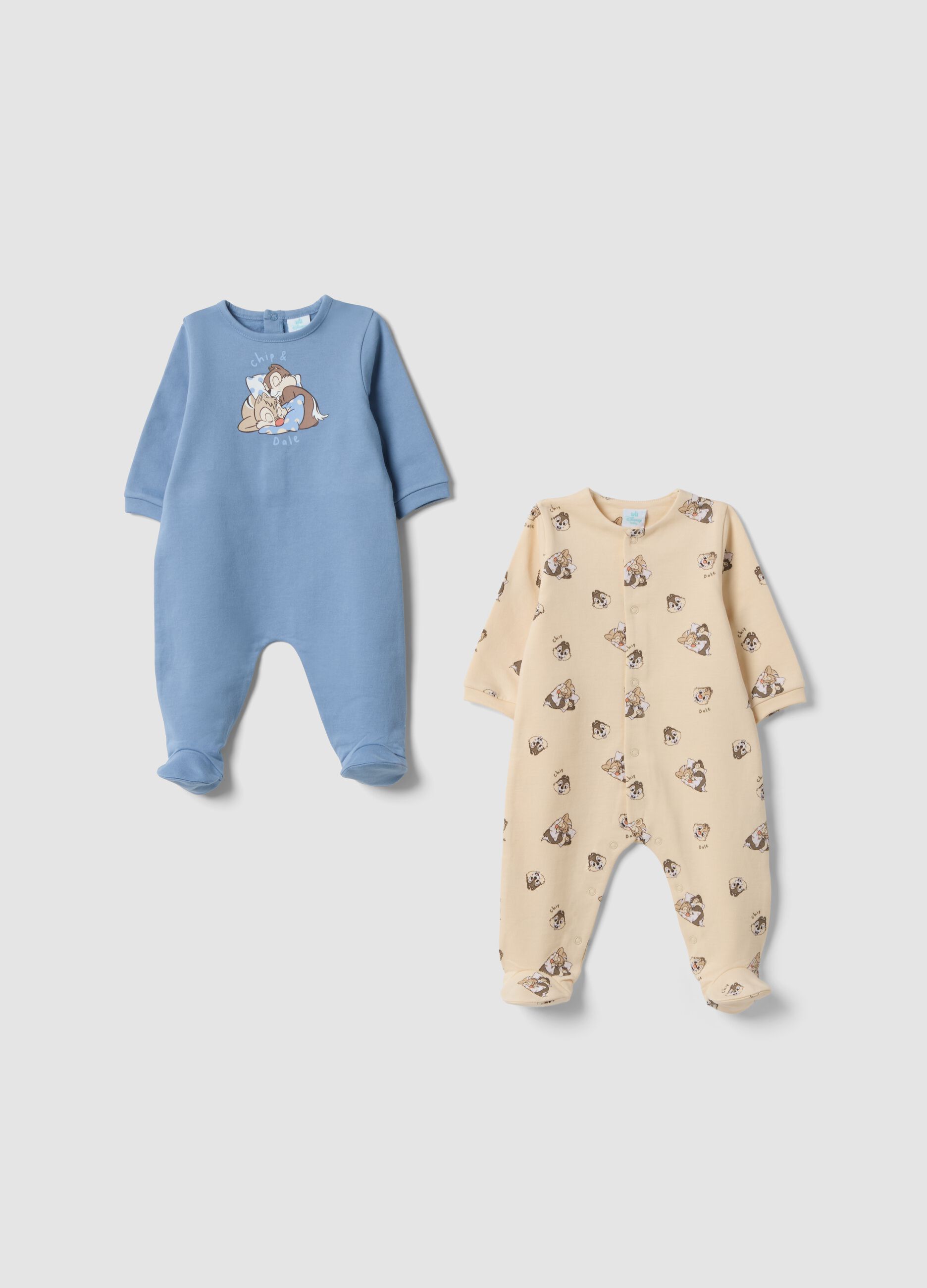 2-pack blue and beige organic cotton baby sleepsuits with Chip and Dale print