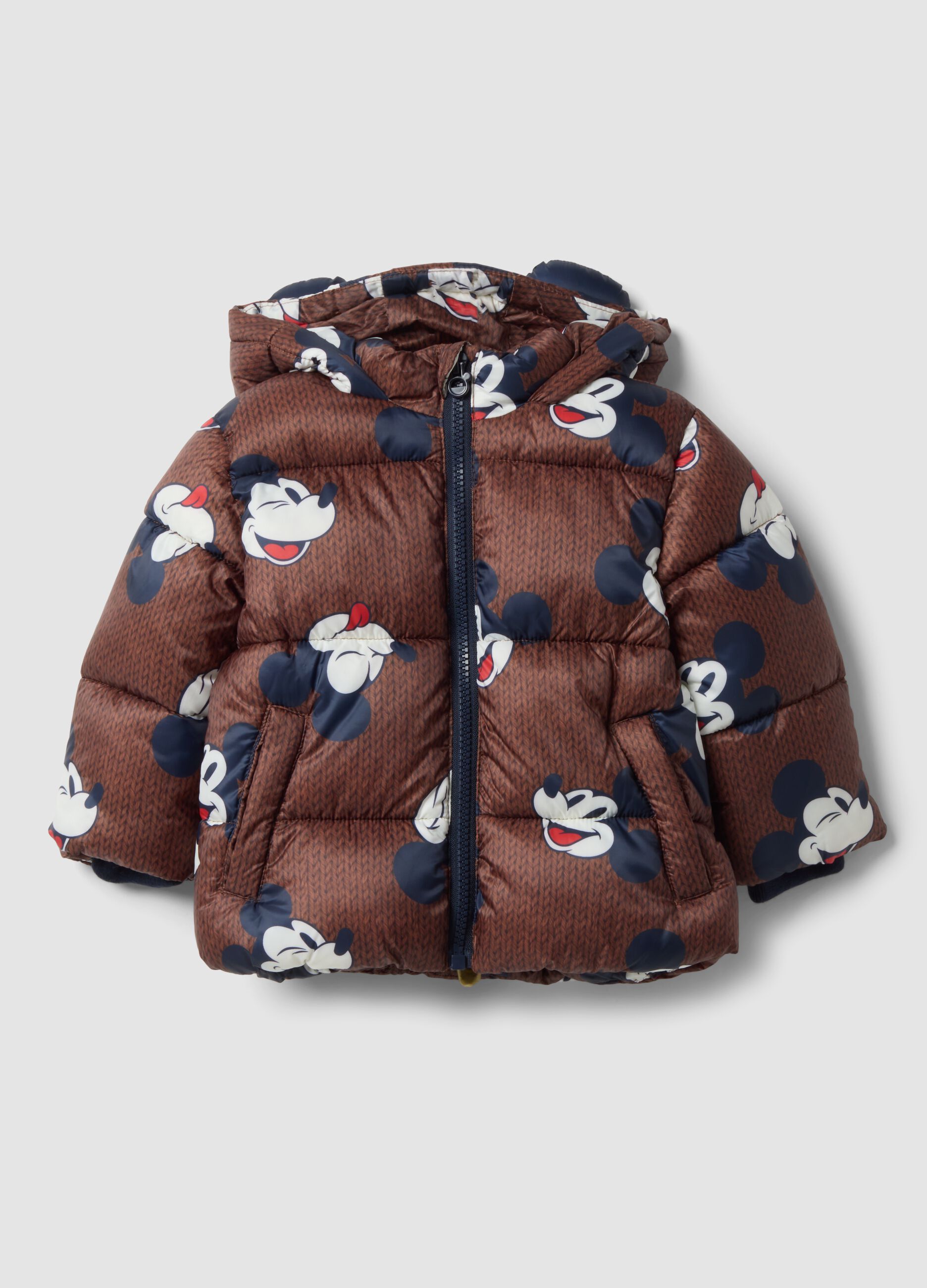 Brown padded jacket with hood and Mickey & Friends print