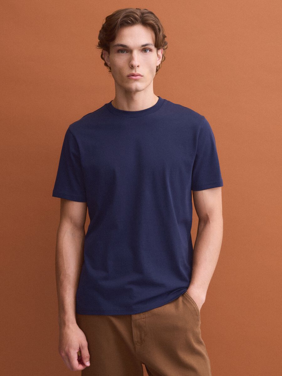Blue pure cotton crew-neck T-shirt, regular fit_2