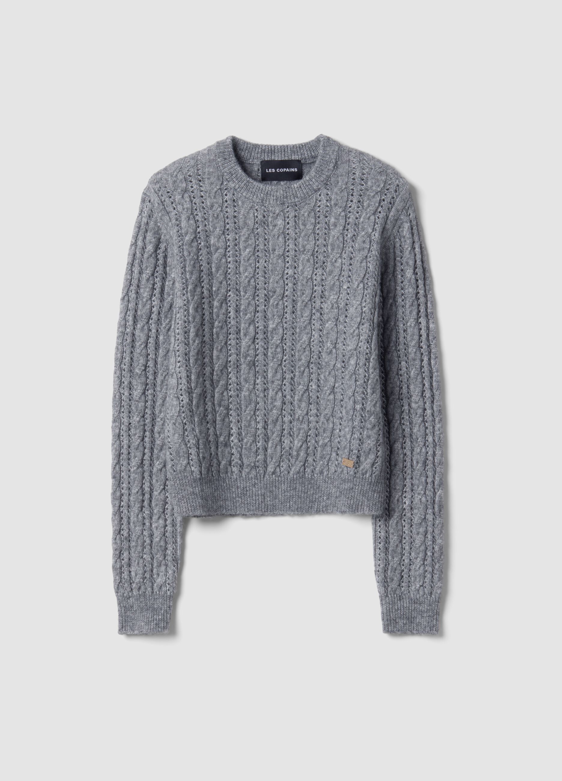 Grey crew-neck cable-knit wool-blend jumper, regular fit