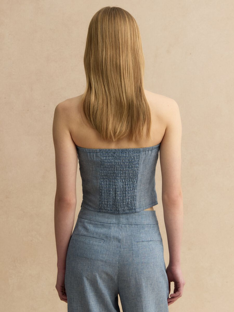 Slim-fit white and blue checked linen-blend corset_2