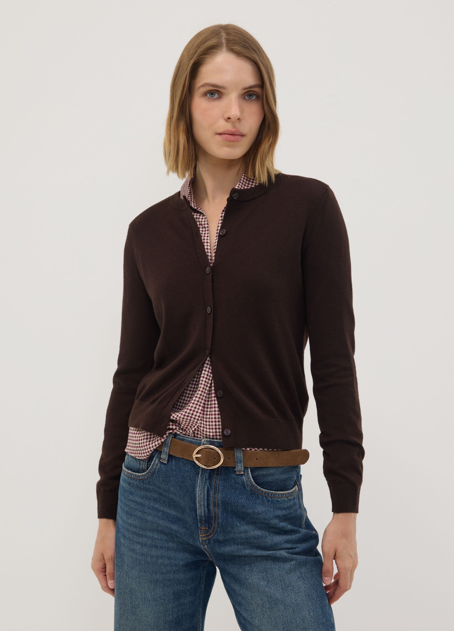 Brown wool-blend crew-neck cardigan