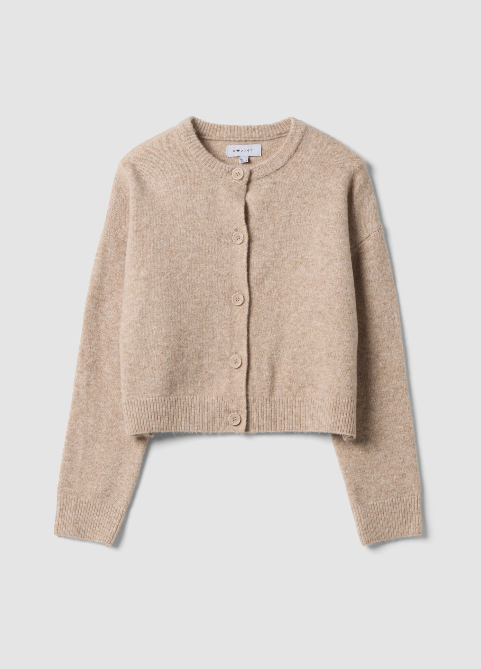 Beige stretch fabric crew-neck oversized cardigan