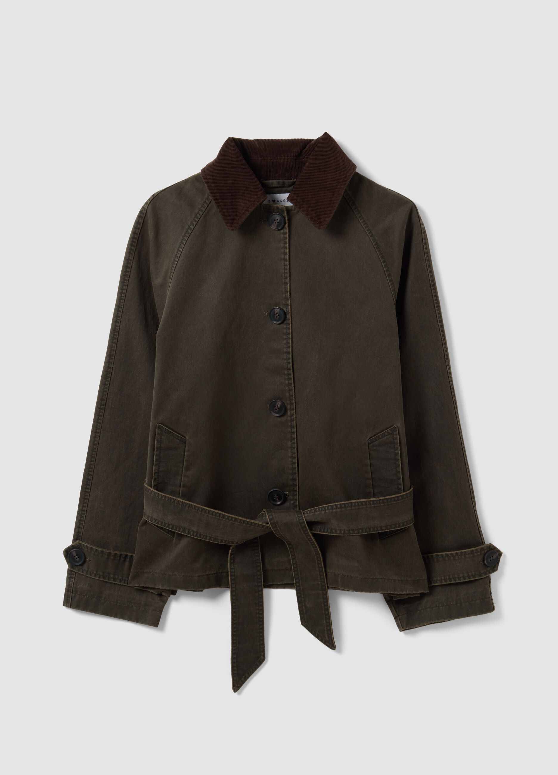 Green cotton-blend trench coat with contrasting collar, regular fit