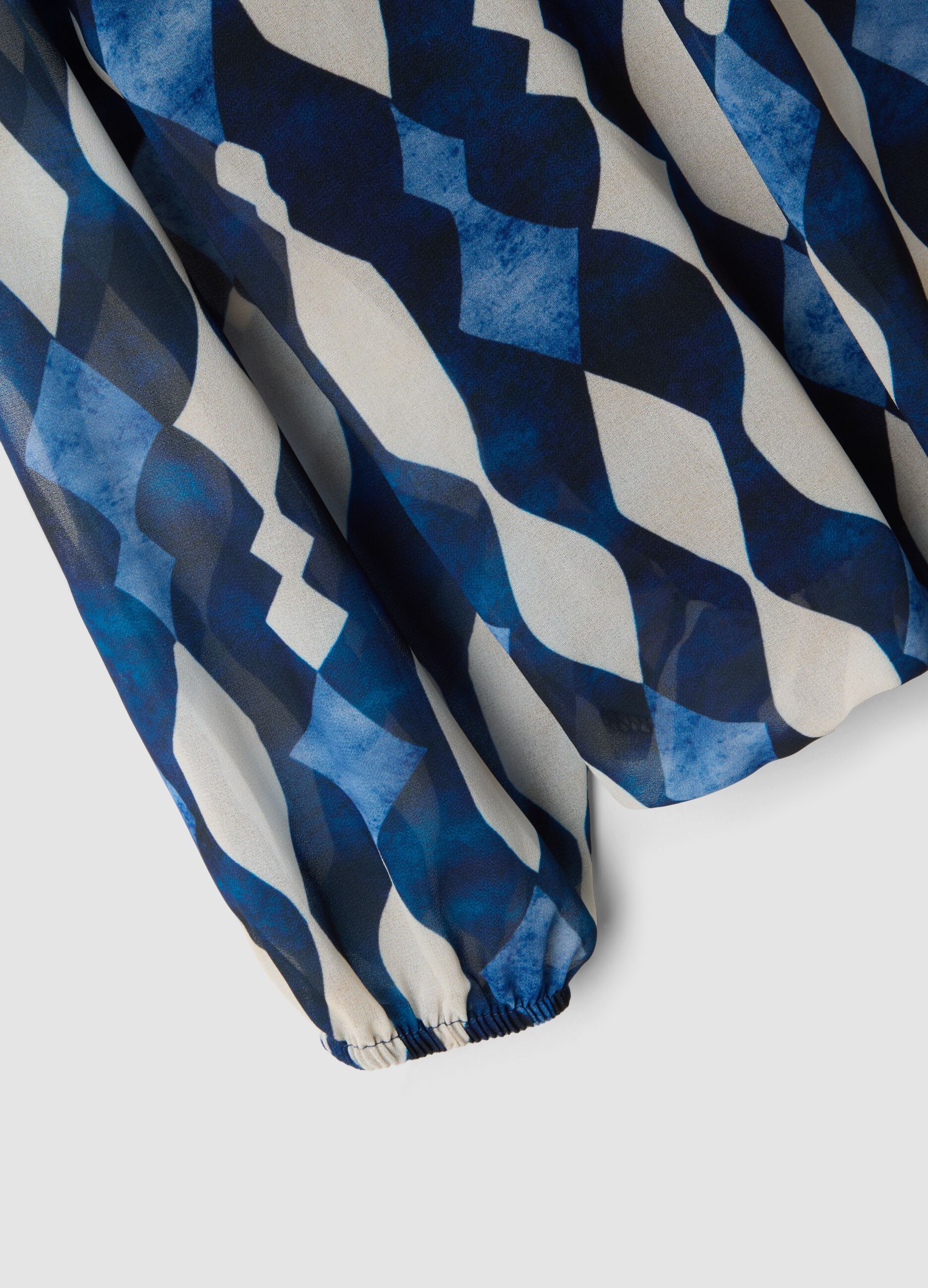 Blue and white geometric print blouse, regular fit