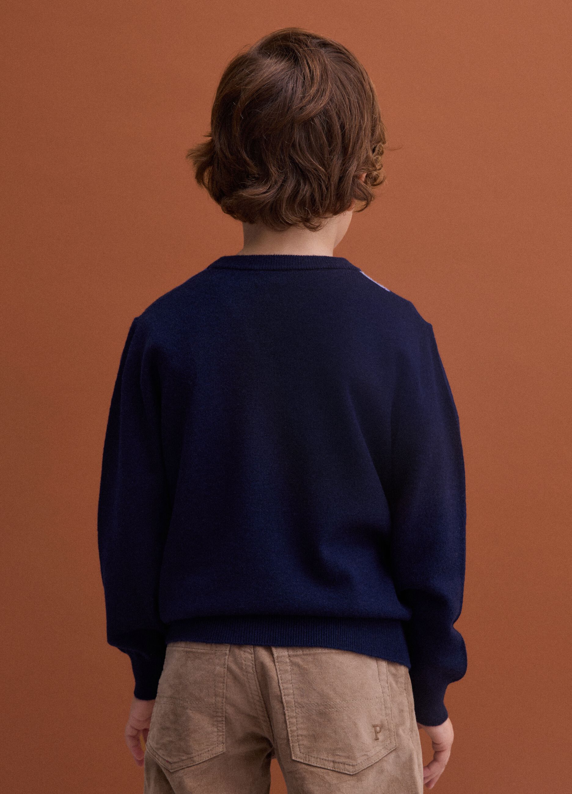 Blue pure wool jumper with jacquard crew neck