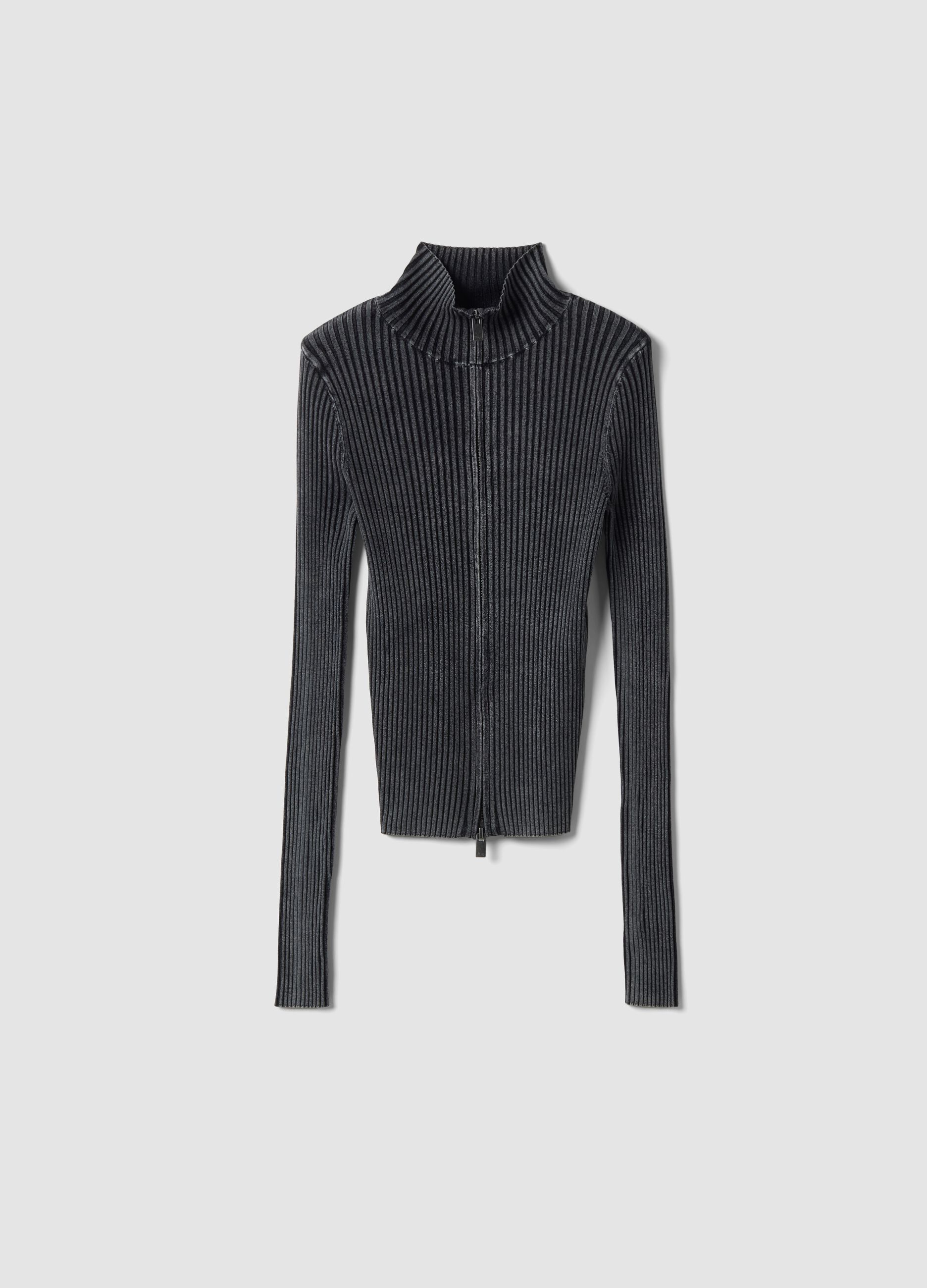 Full-Zip Ribbed Knit in Vintage Grey