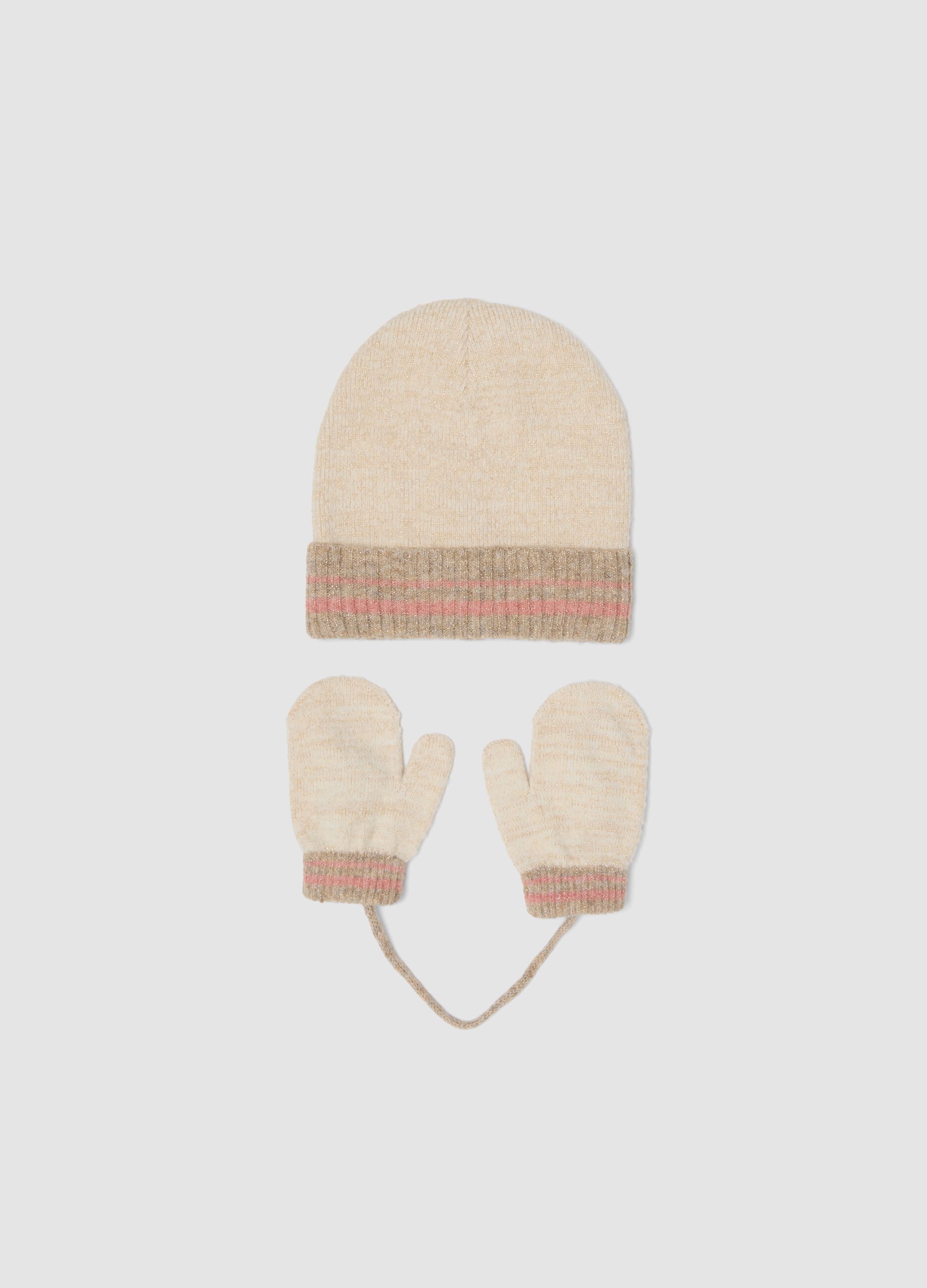 Set cappello e muffole beige in tessuto elasticizzato