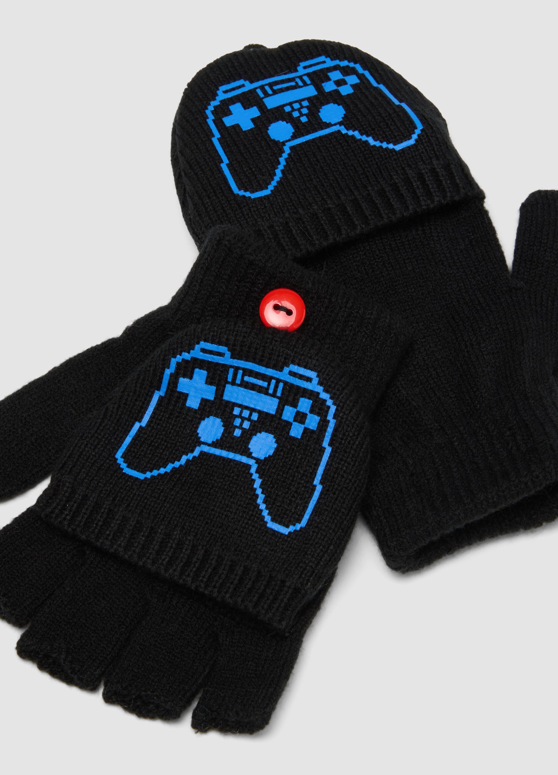 Black convertible gloves with videogame print