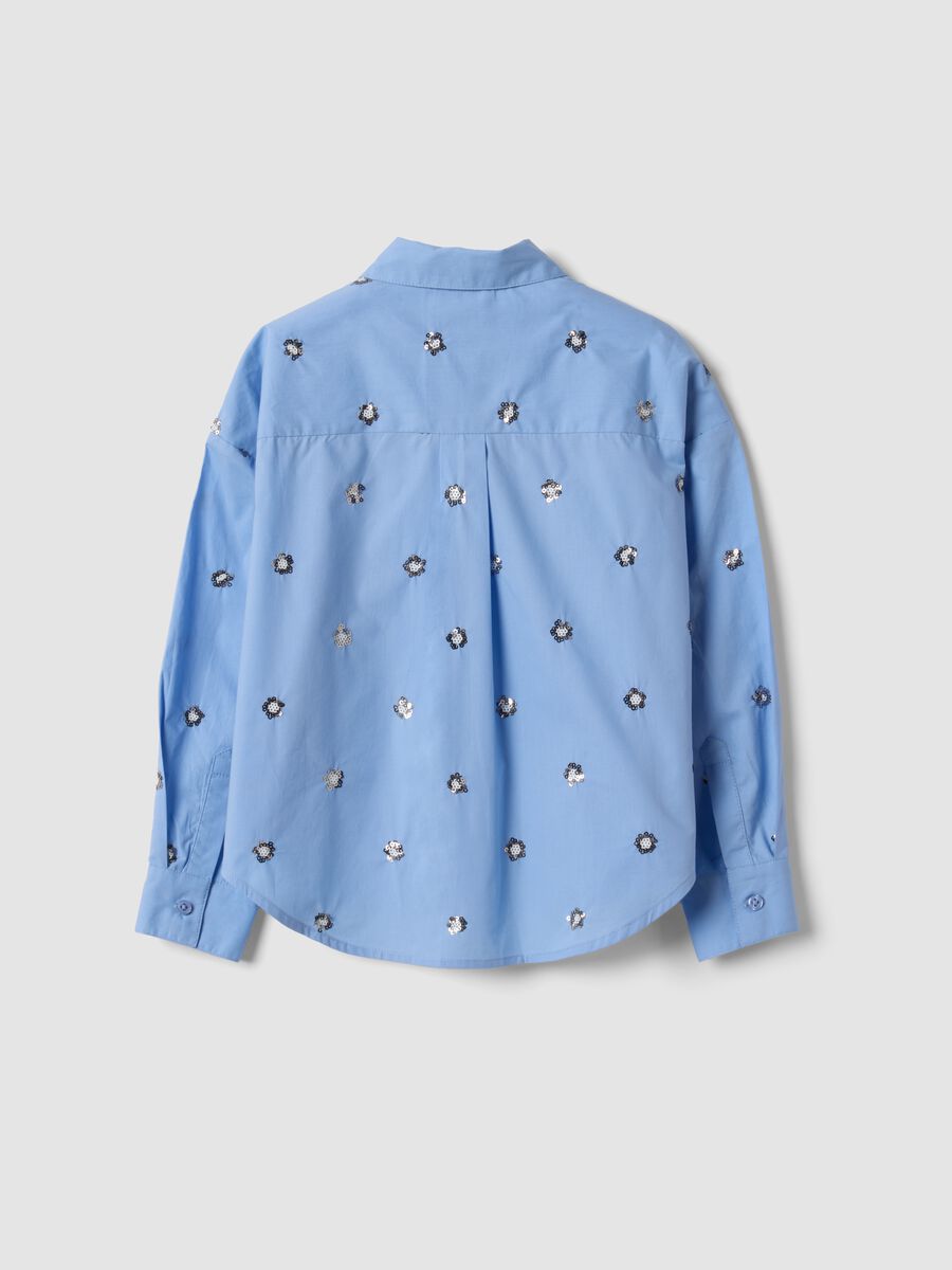 Light blue oversized pure cotton shirt with floral sequins_2