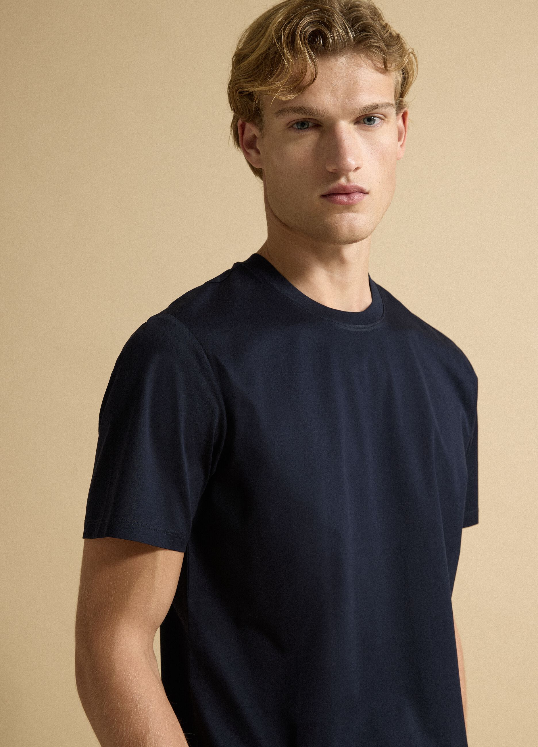 Blue pure cotton jersey T-shirt with crew neck, relaxed fit