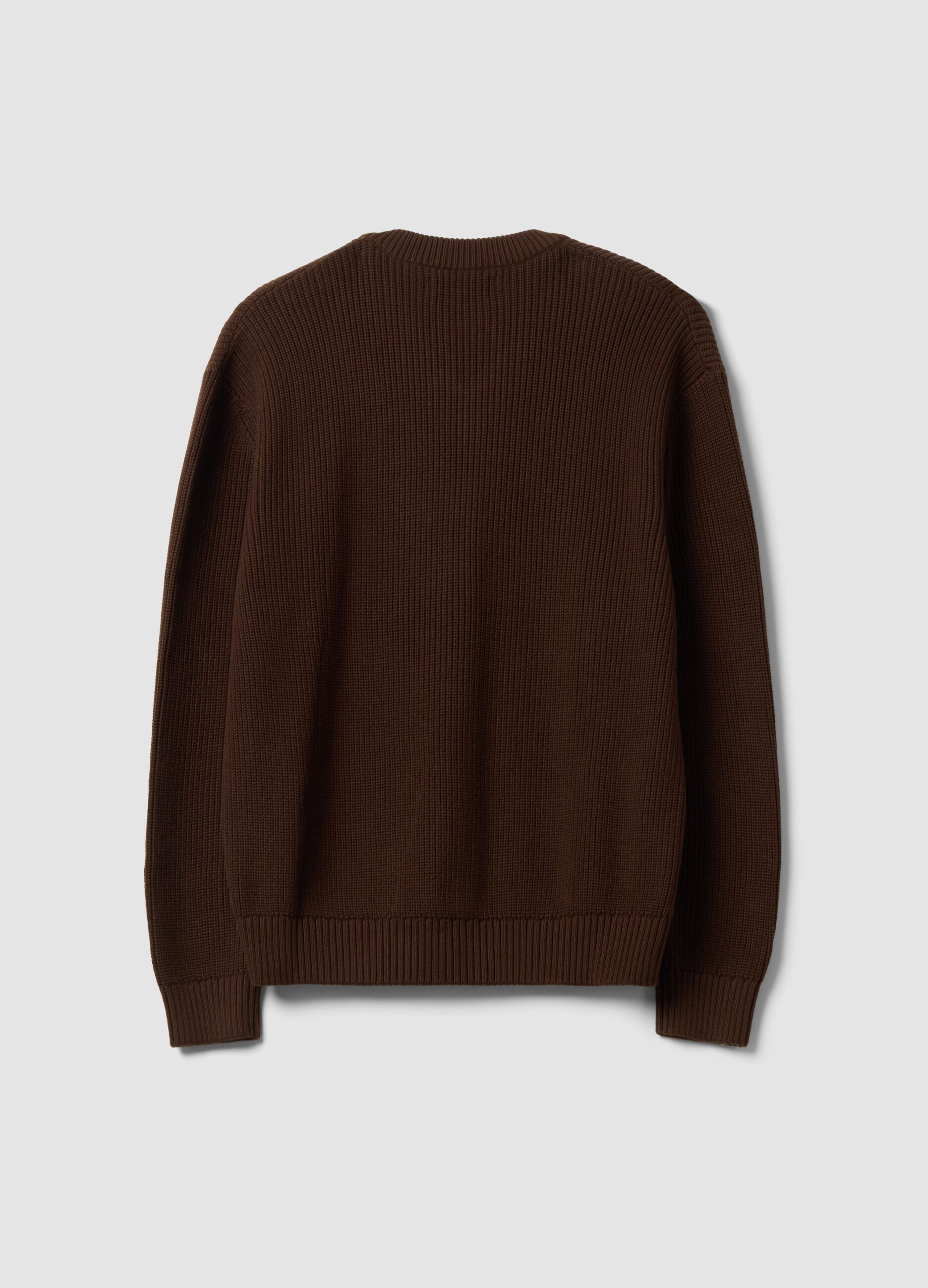 Brown pure cotton jumper with deep V-neck, regular fit