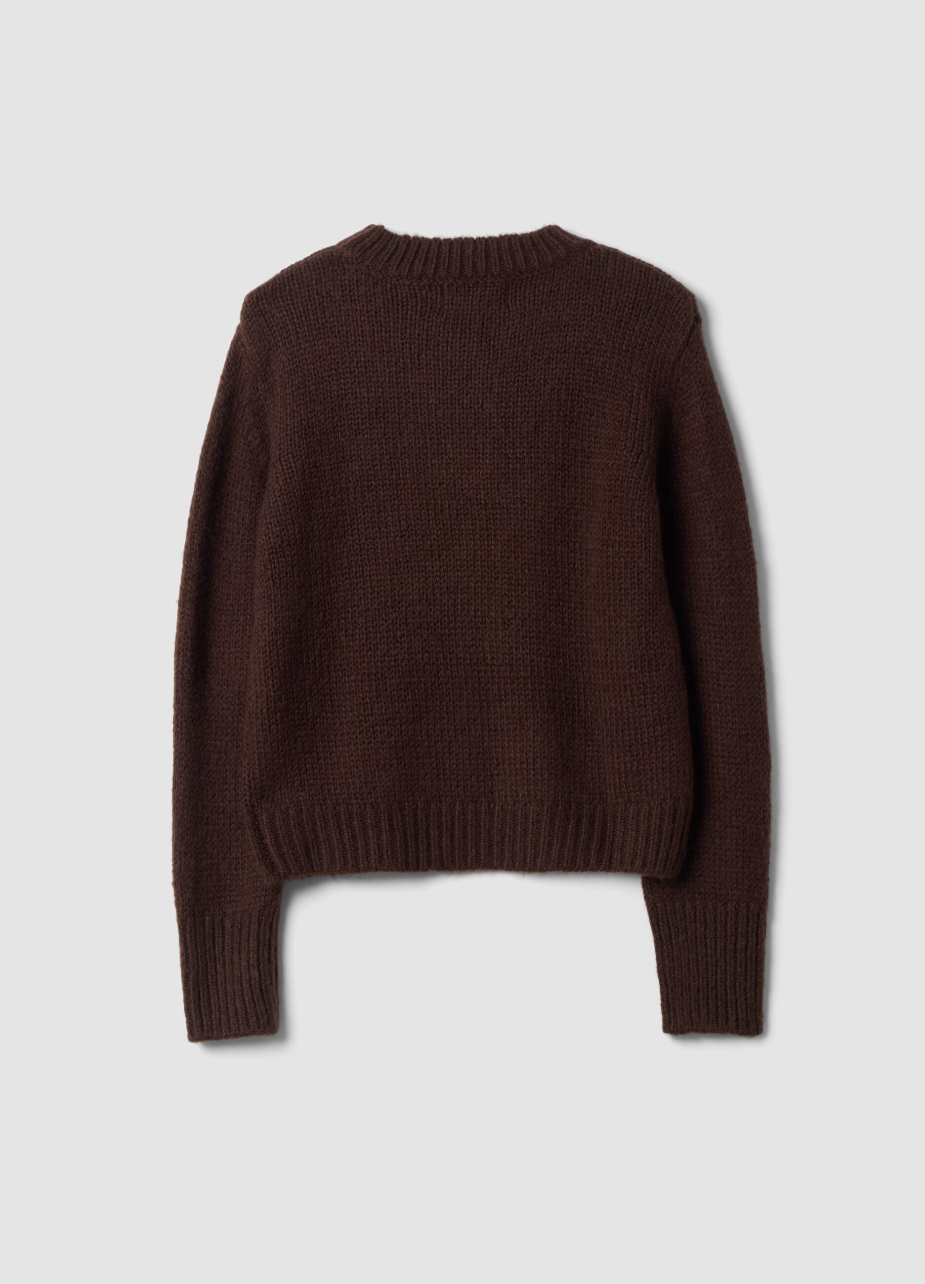 Brown crew-neck cable-knit wool-blend jumper, regular fit