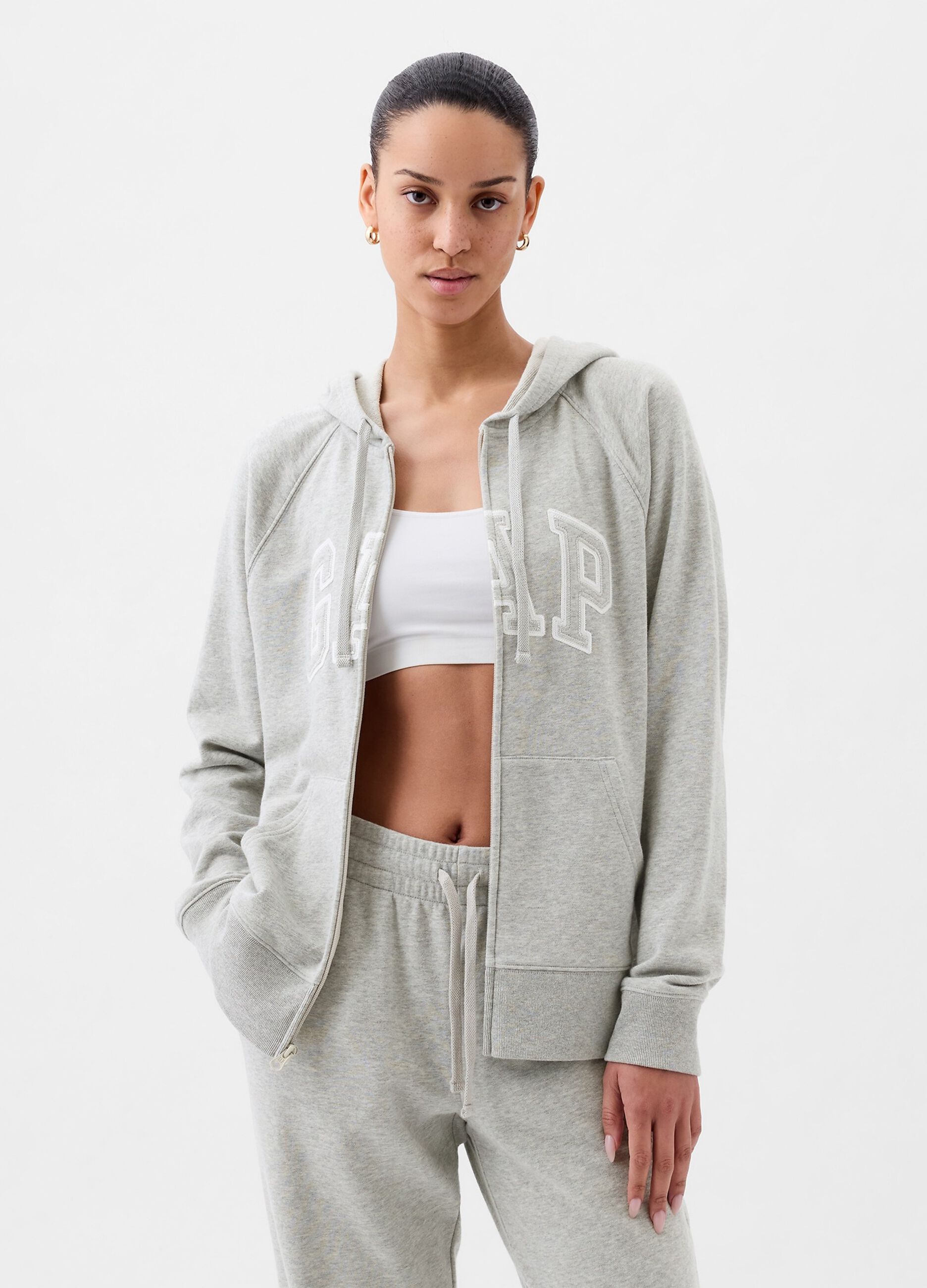 French terry full-zip hoodie with logo patch