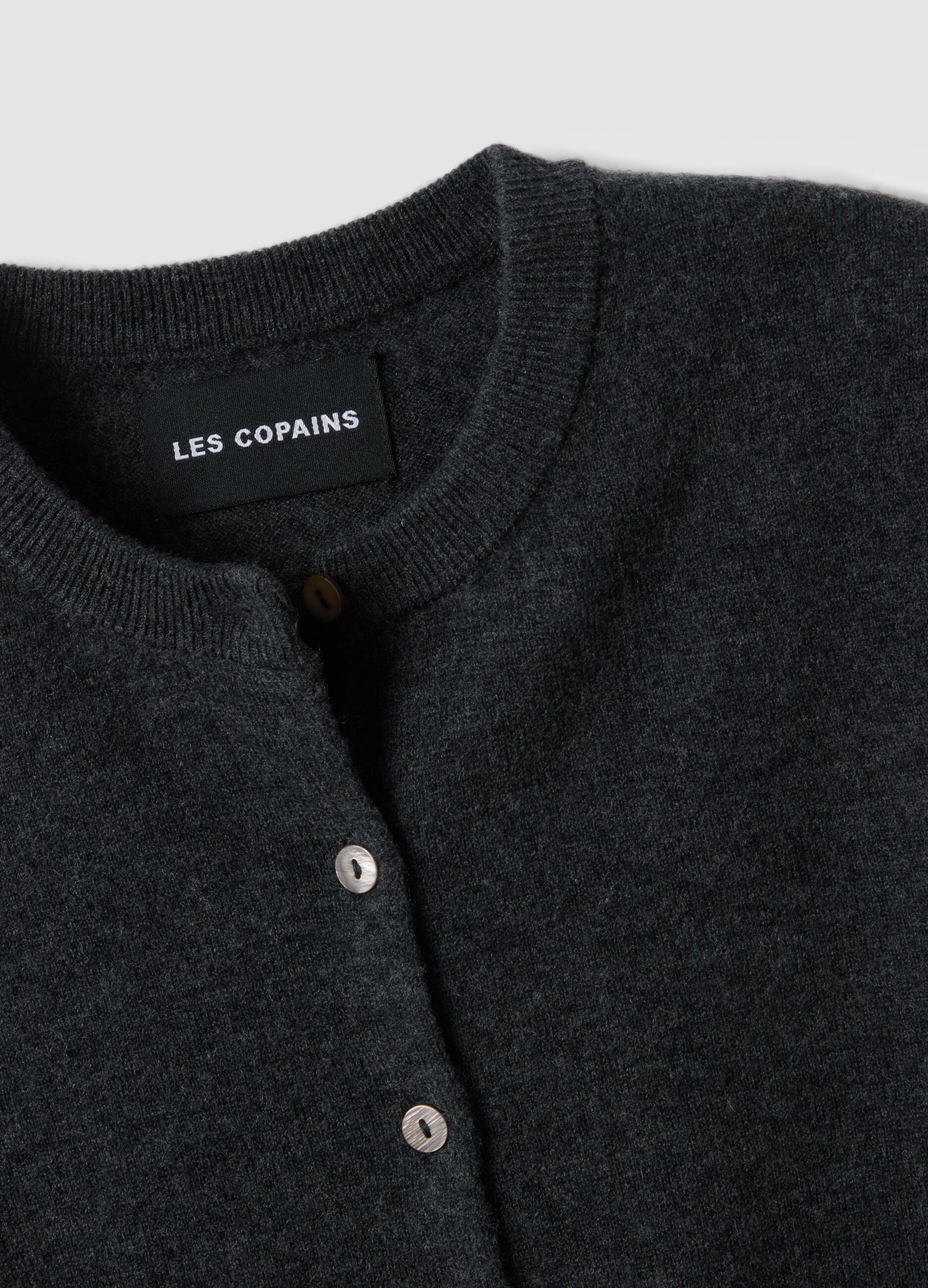 Grey pure wool crew-neck cardigan with buttons, regular fit