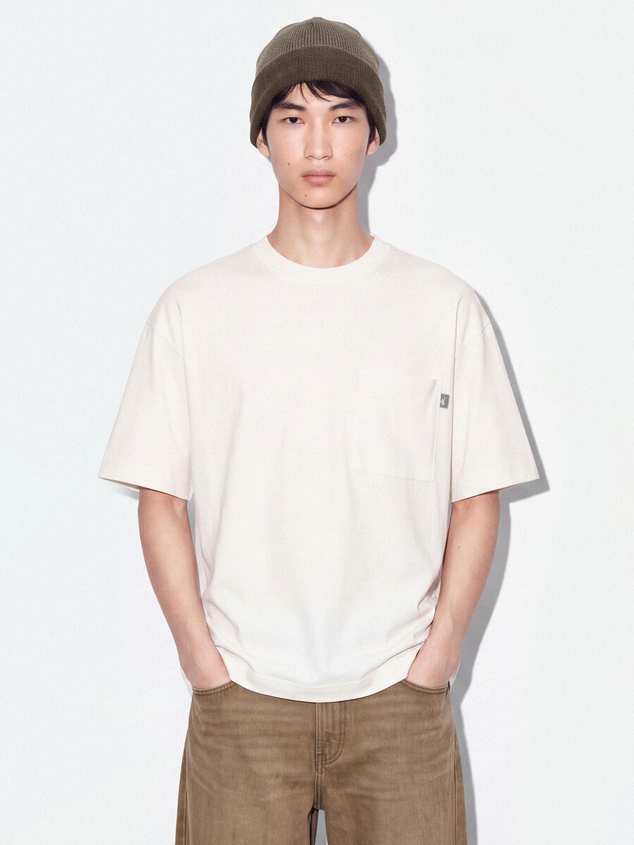 White pure cotton crew-neck T-shirt with chest pocket, boxy fit_0