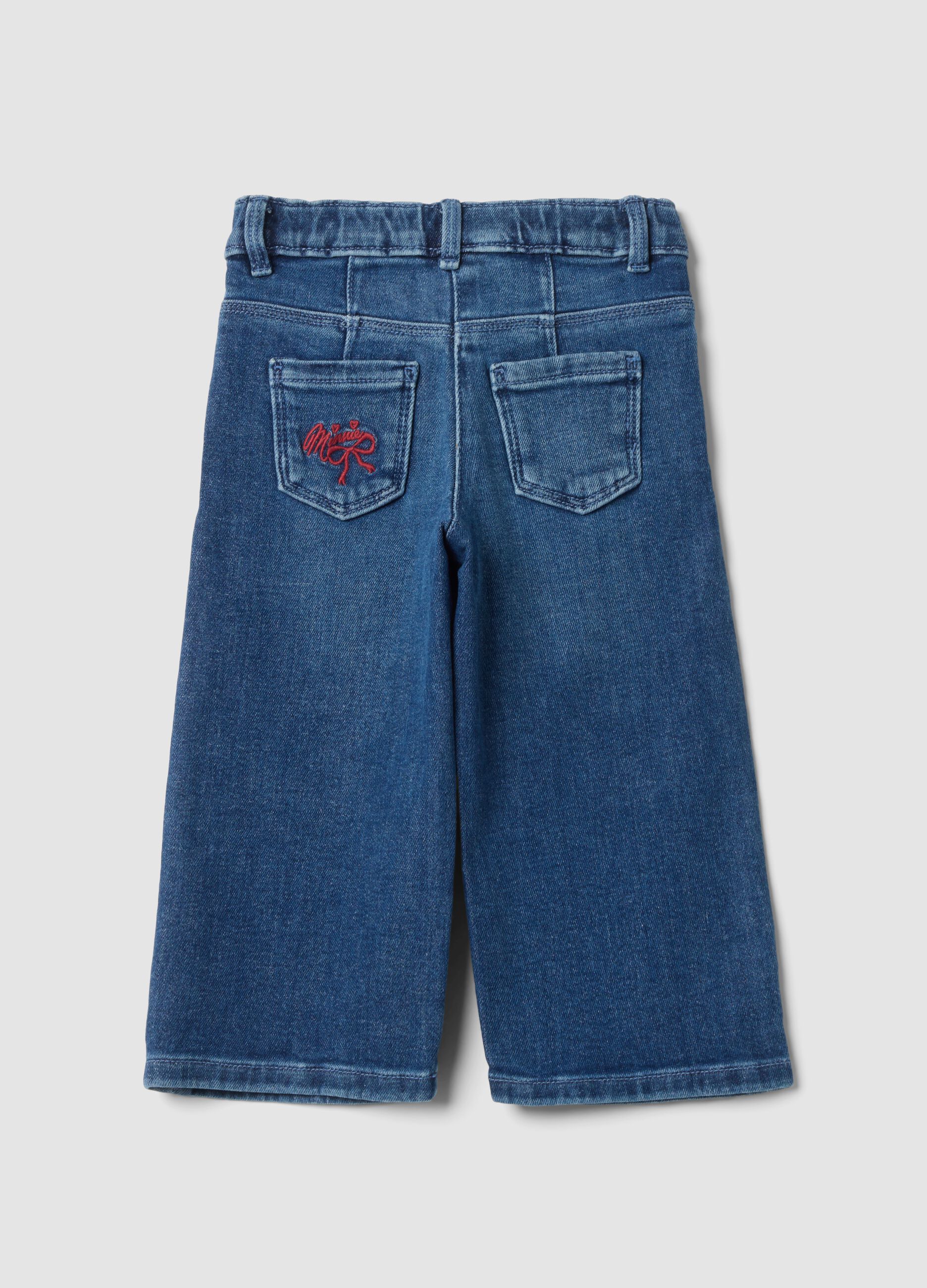 Jeans blu chiaro wide leg in cotone elasticizzato con ricami Minnie