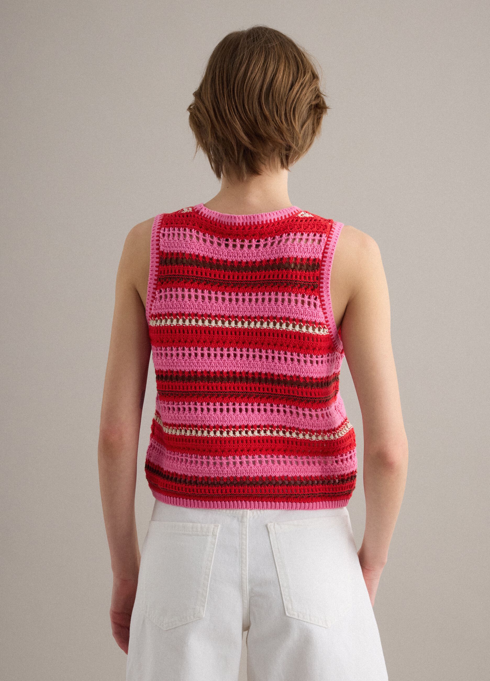 Multicolour striped pure cotton knitted vest, regular fit
