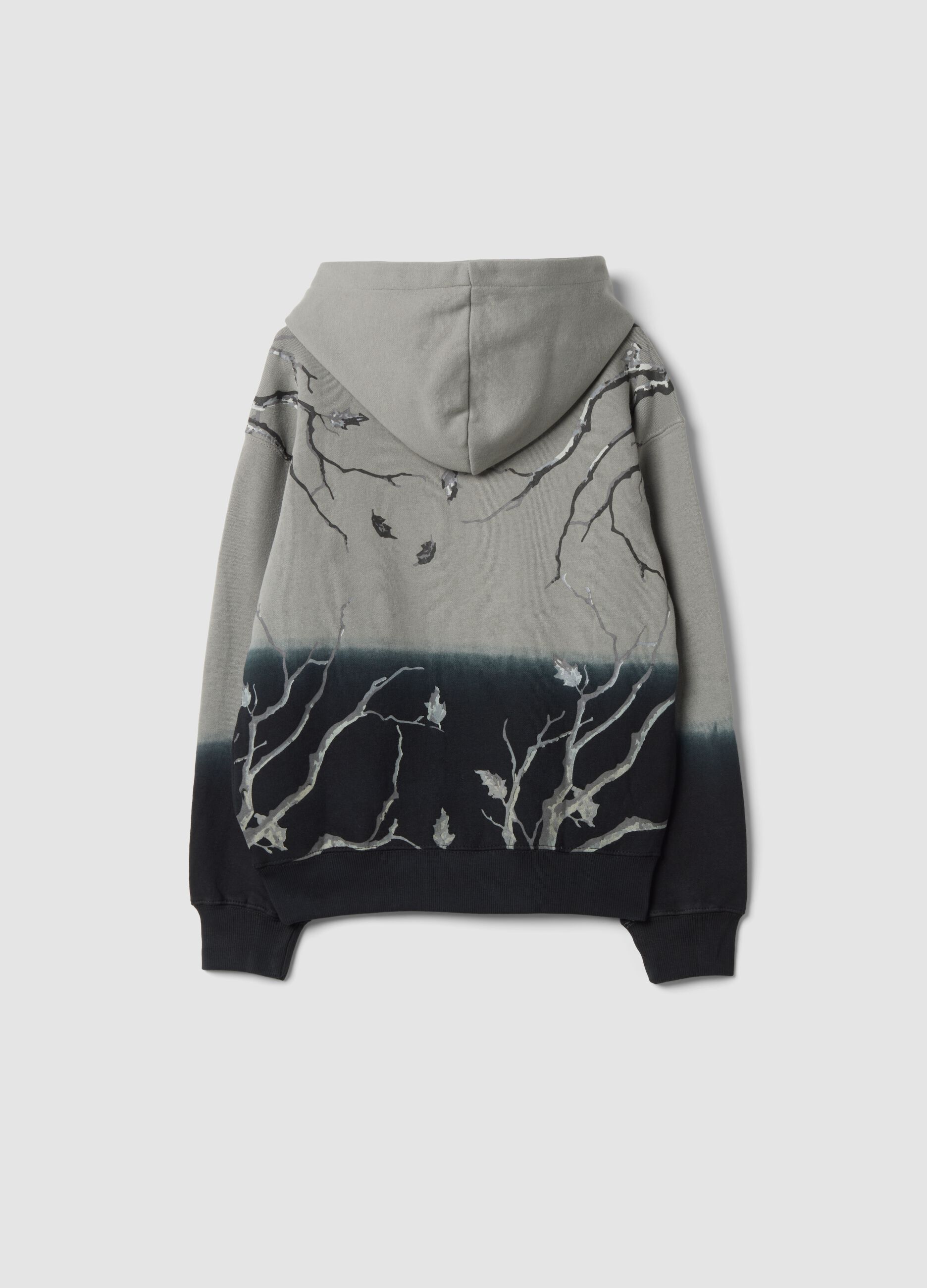 Light grey and navy cotton-blend hoodie with botanical print