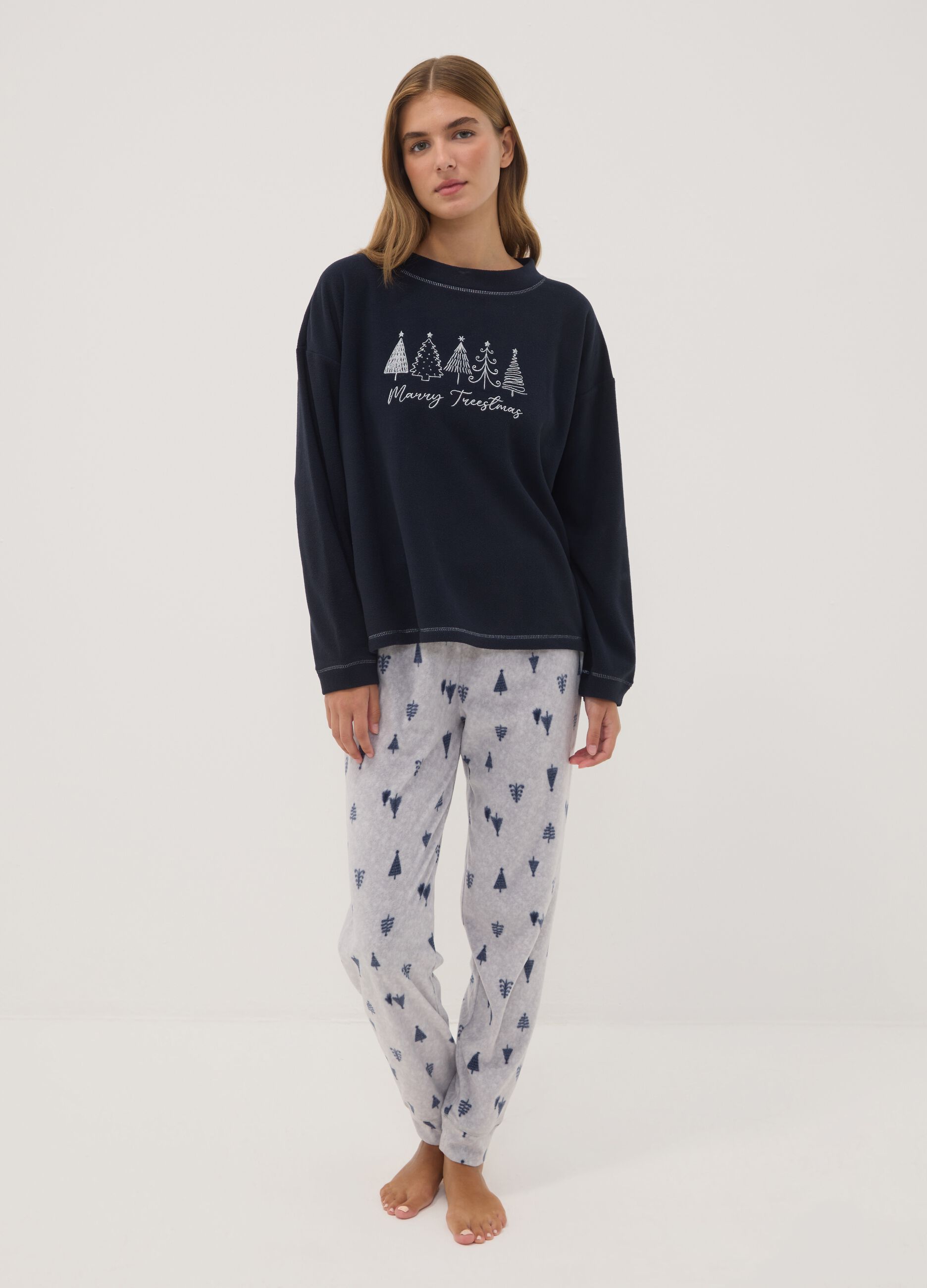 Navy fleece pyjamas with crew neck top and printed trousers
