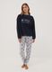 Navy fleece pyjamas with crew neck top and printed trousers_0
