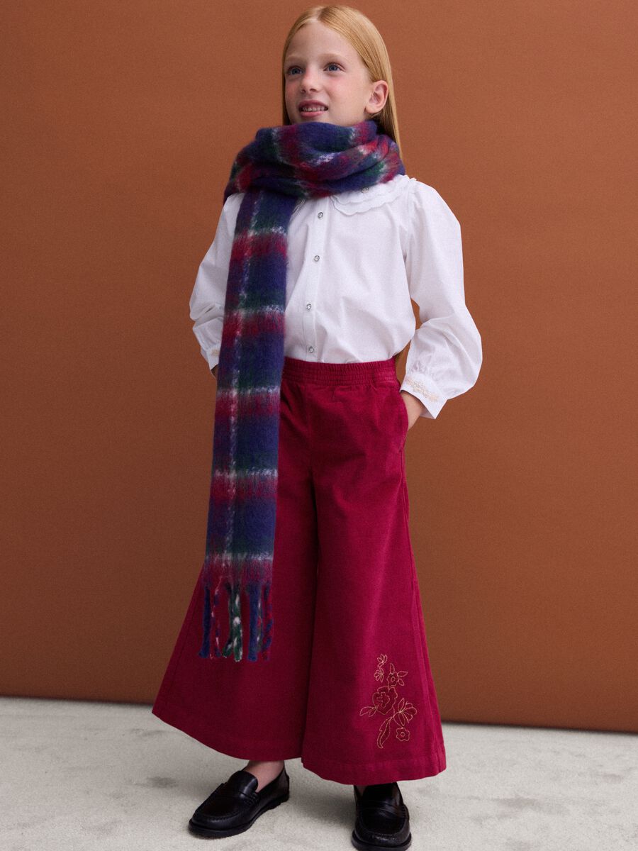 Red velvet wide-leg trousers in stretch cotton with floral embroidery_1