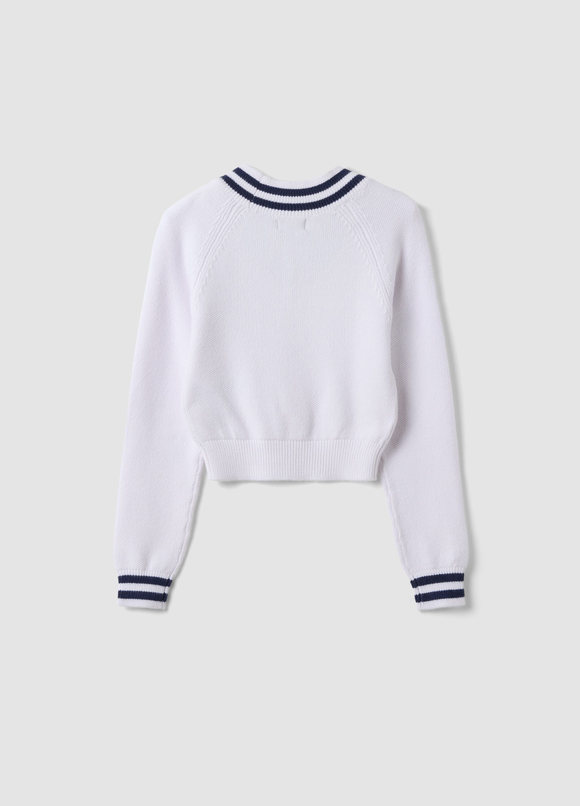 White V-neck viscose-blend jumper with striped trims for girls