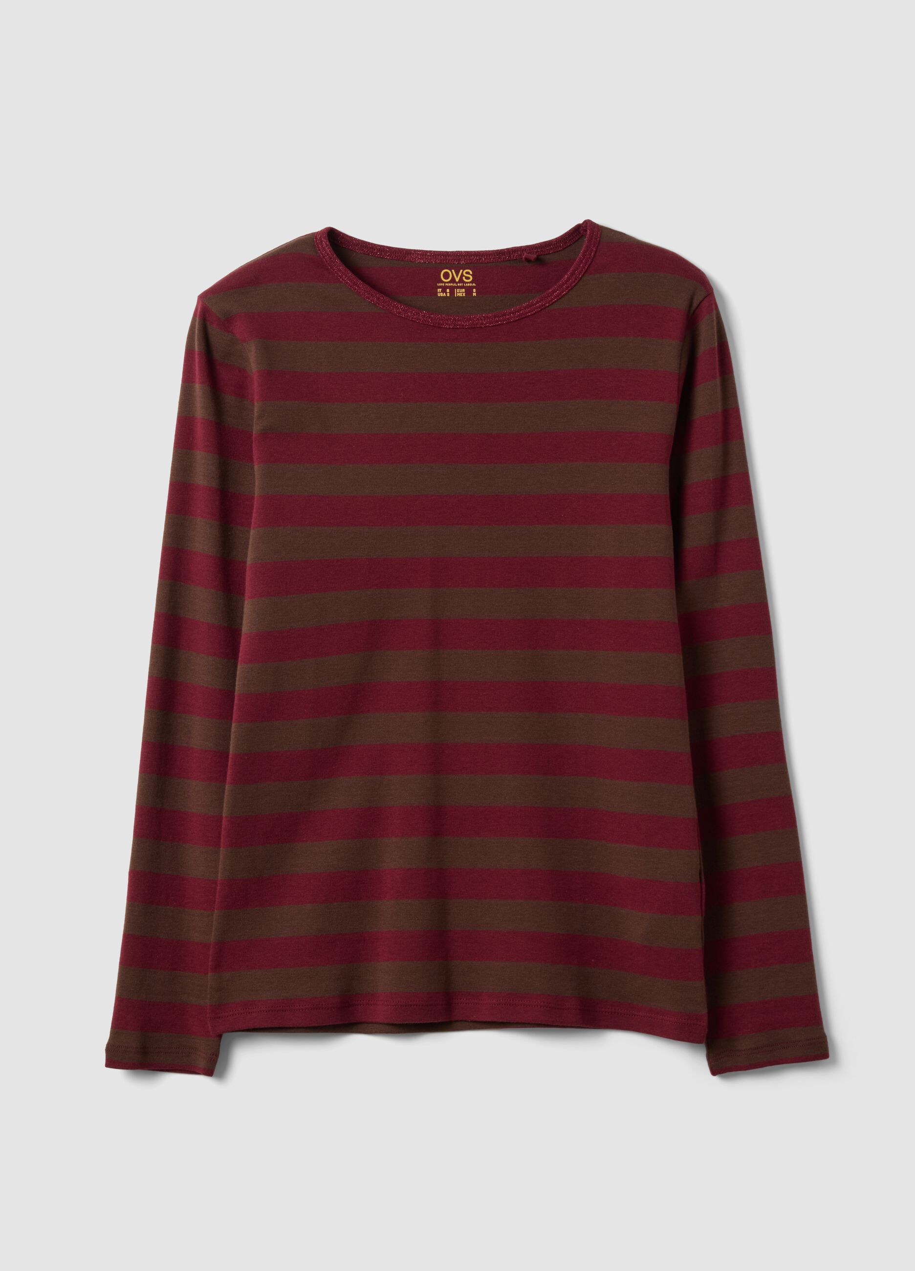 T-shirt marrone a righe in puro cotone con girocollo