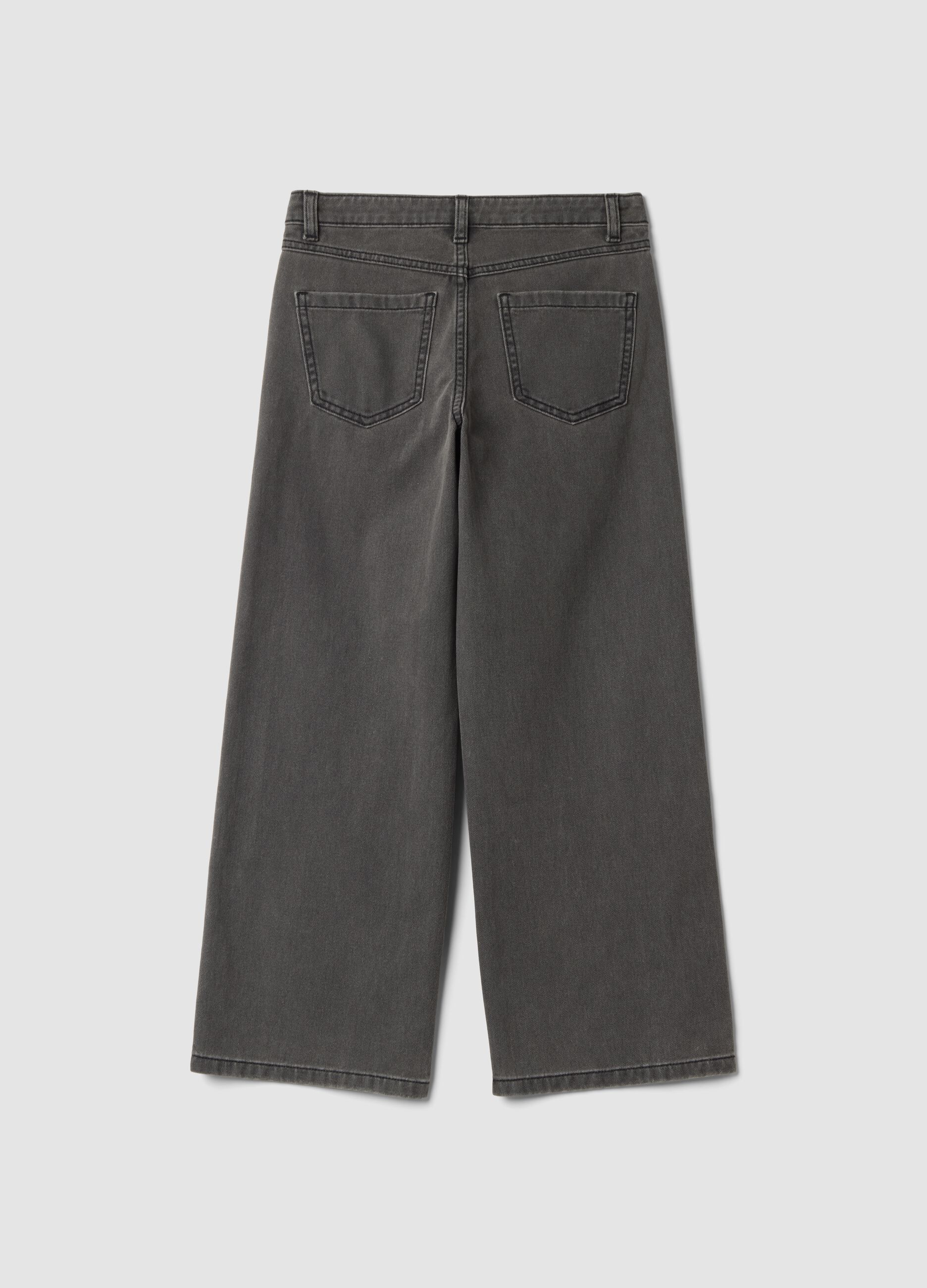 Grey wide-leg pure cotton jeans with rhinestones