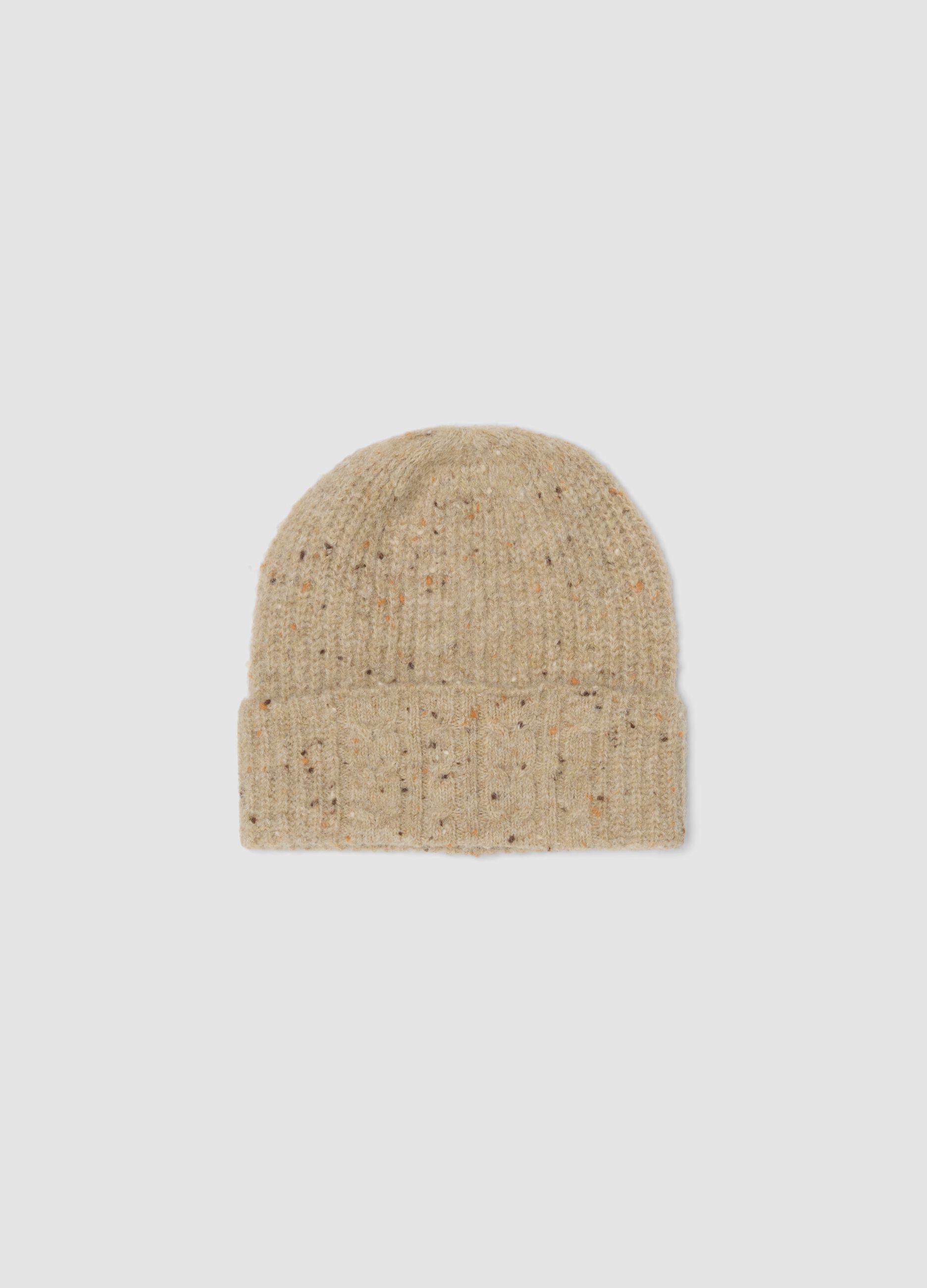 Beige melange ribbed stretch wool beanie