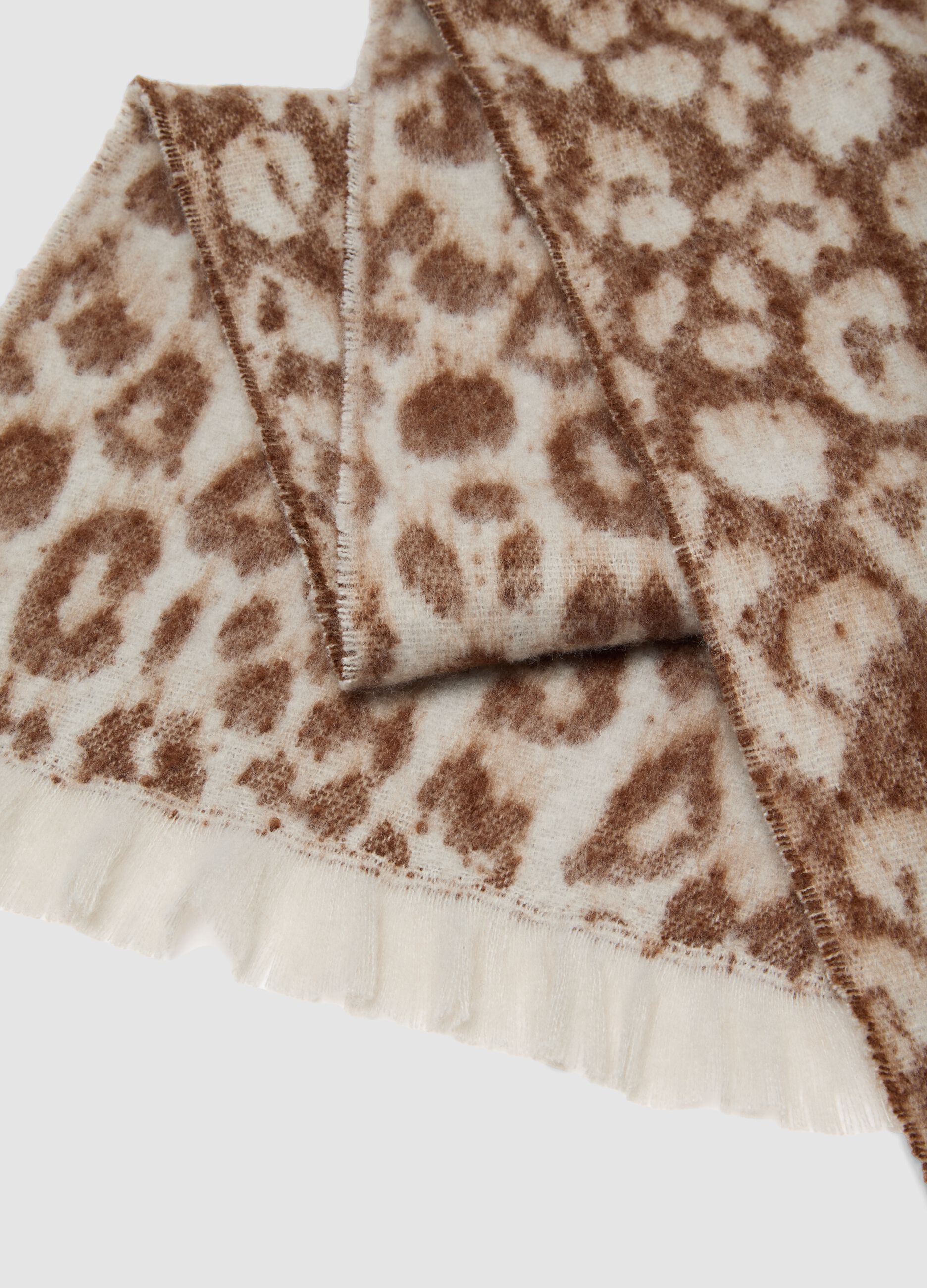 Ivory and light brown animal-print scarf with fringes