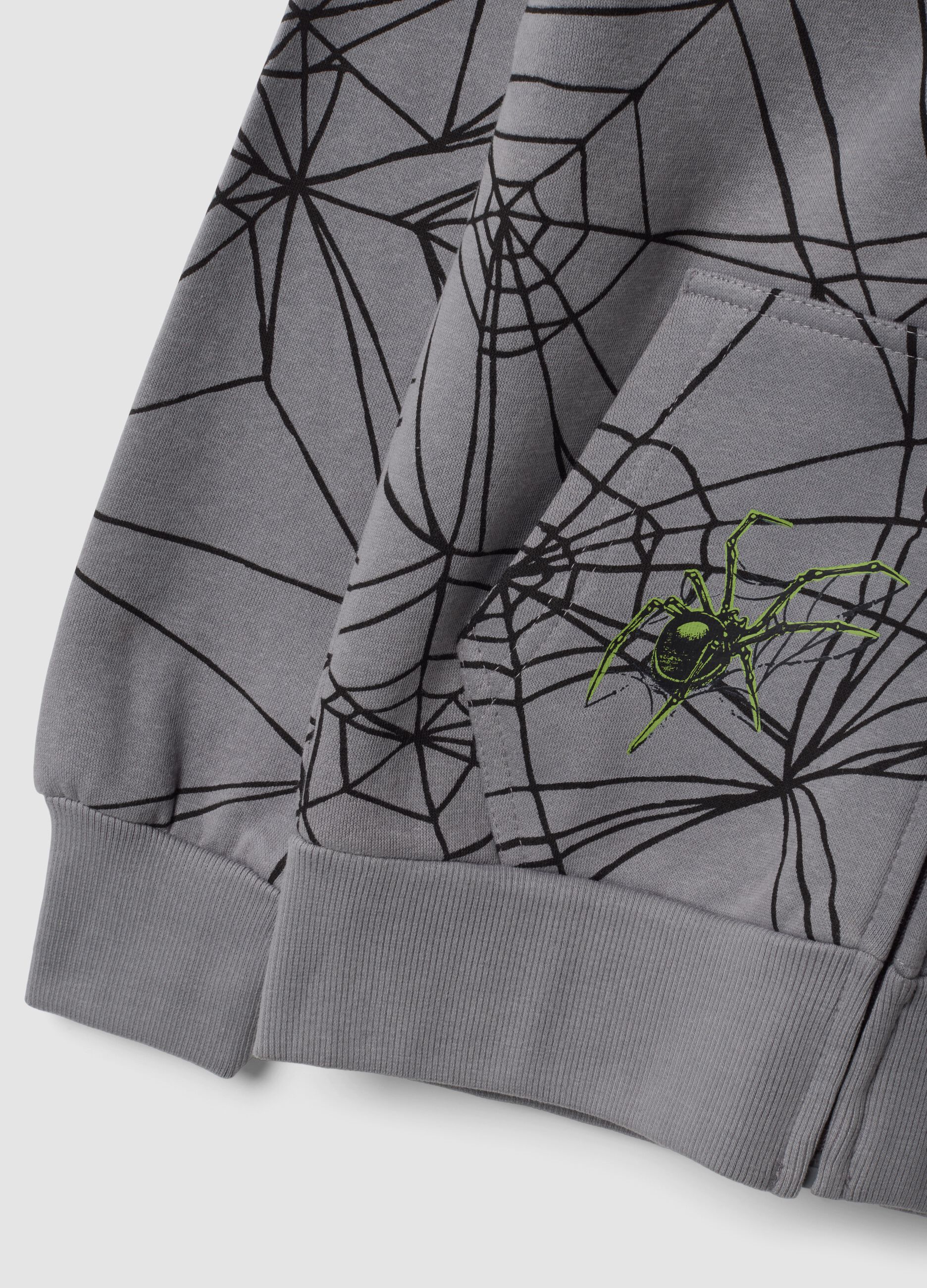 Grey cotton-blend hooded zip sweatshirt with spiderweb print