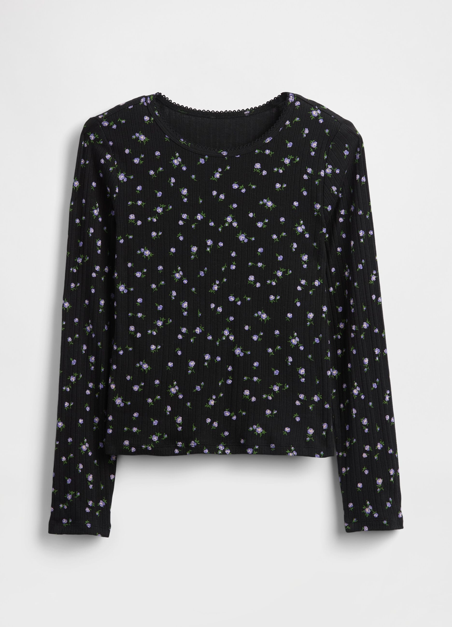 Long-sleeved black cotton shirt with floral print