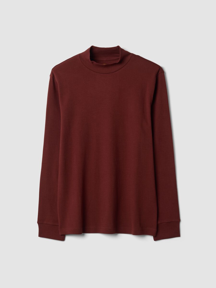 Brown pure cotton T-shirt with structured high neck_0