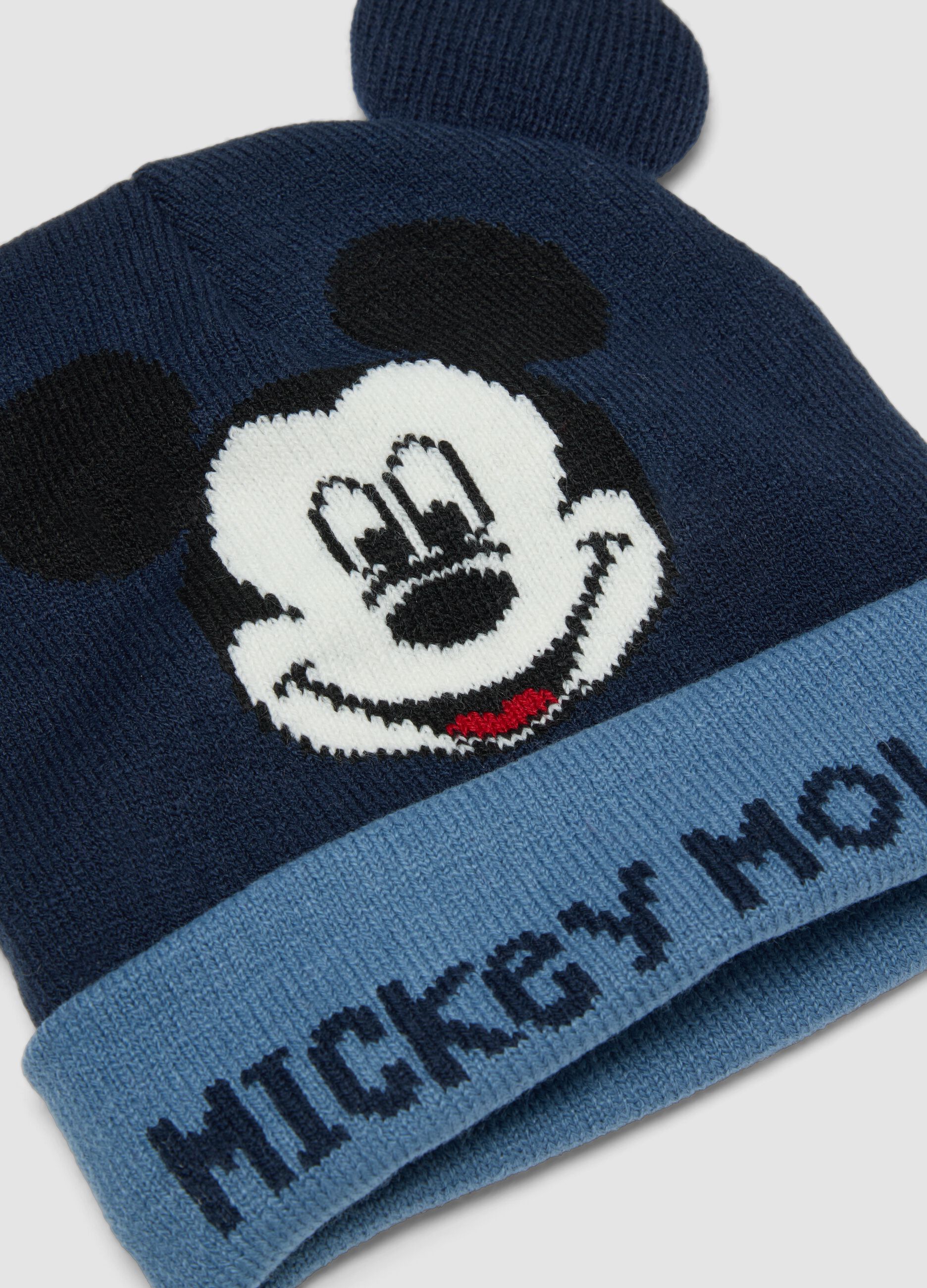Navy blue beanie with turn-up, appliqu&eacute; ears and Mickey print