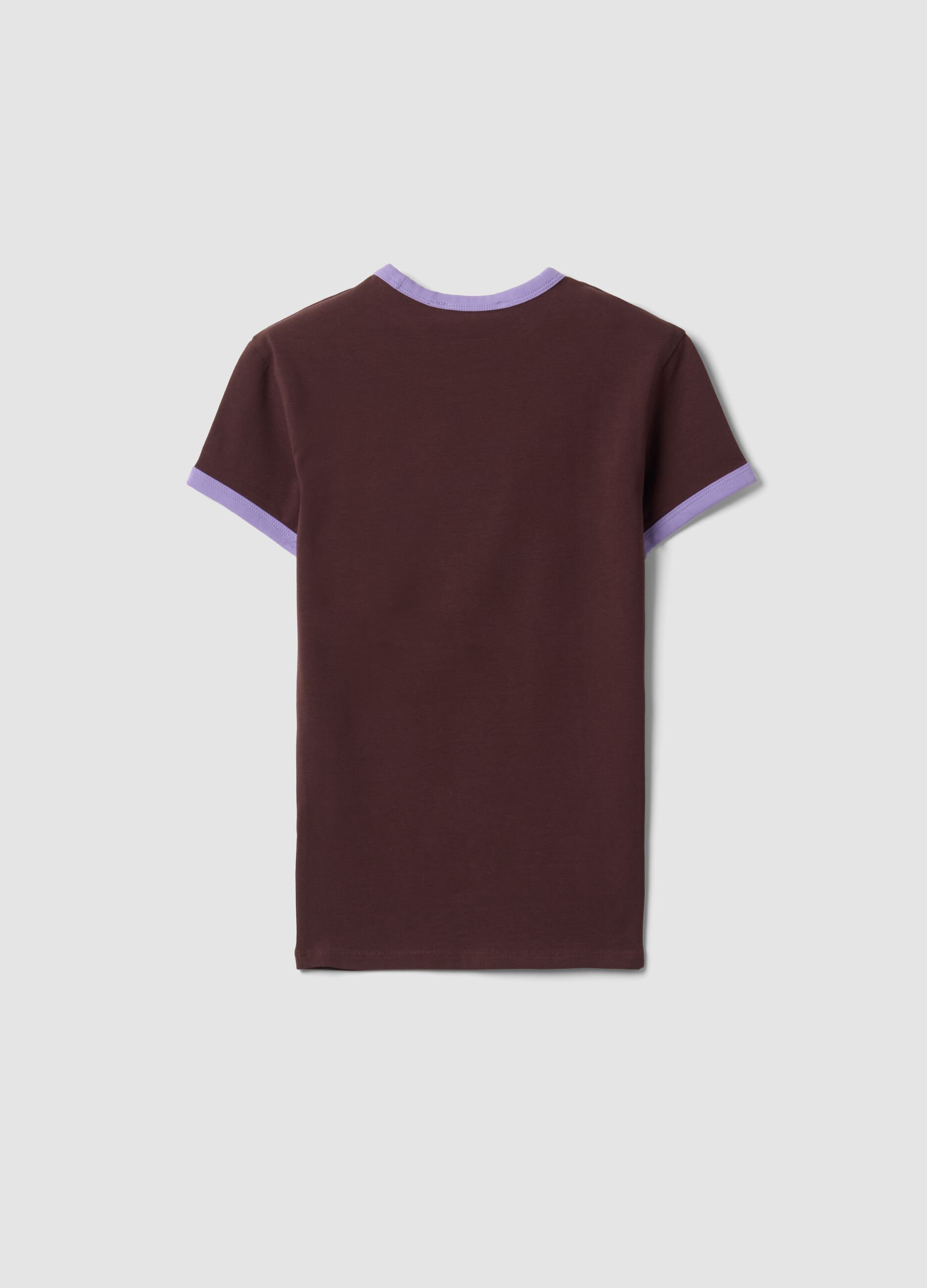 Brown stretch cotton fitted T-shirt with contrast trims