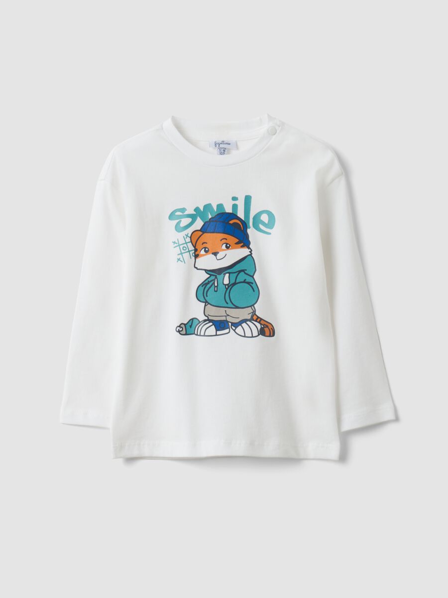 White oversized T-shirt in pure organic cotton with tiger print for boys_0