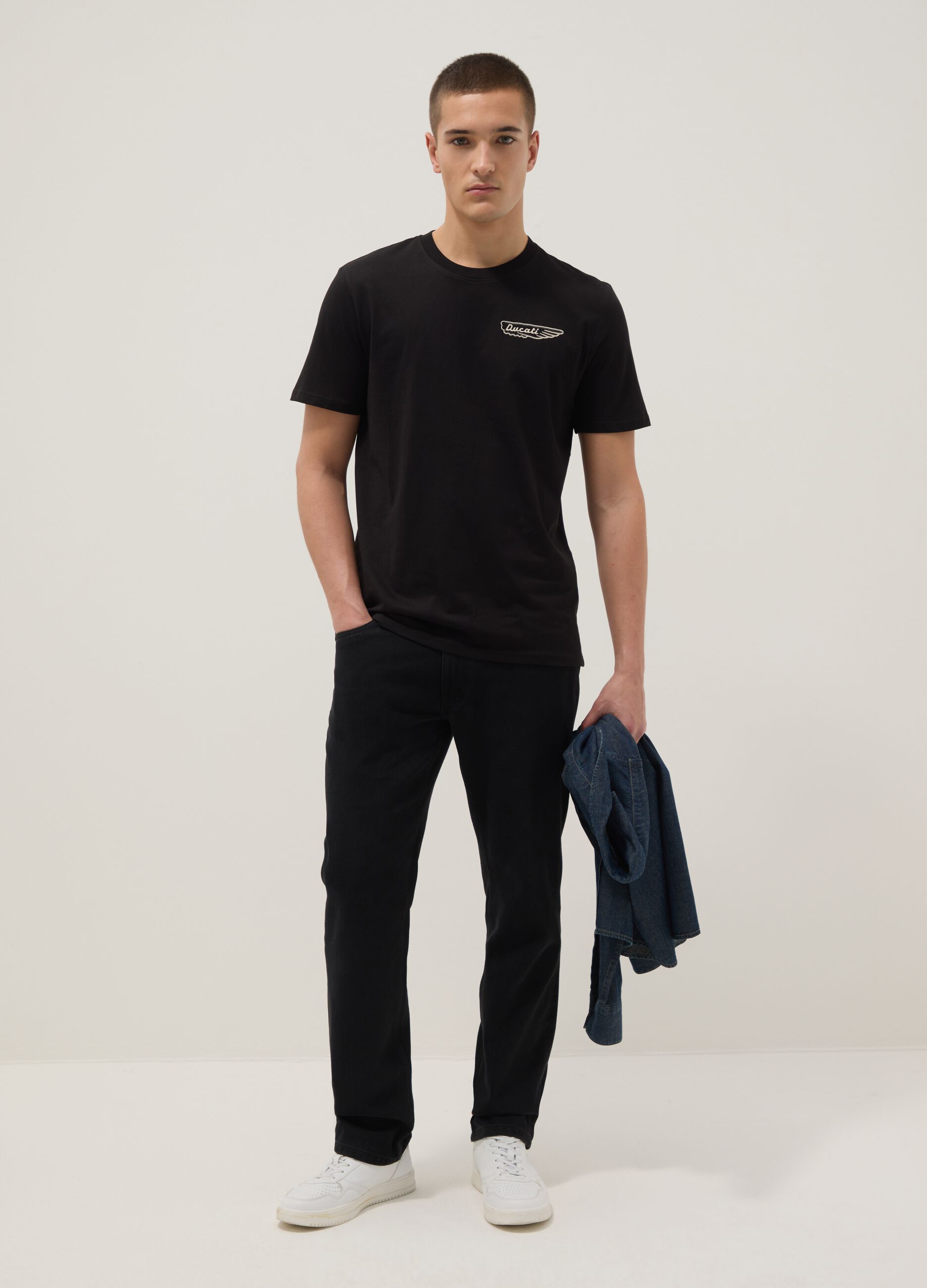 Black pure cotton regular fit t-shirt with Ducati print