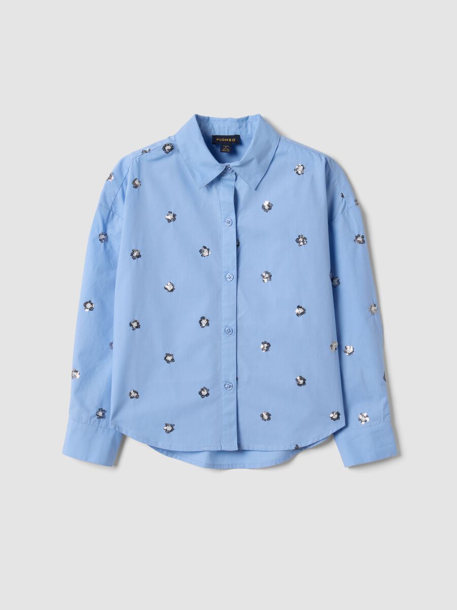 Light blue oversized pure cotton shirt with floral sequins_0