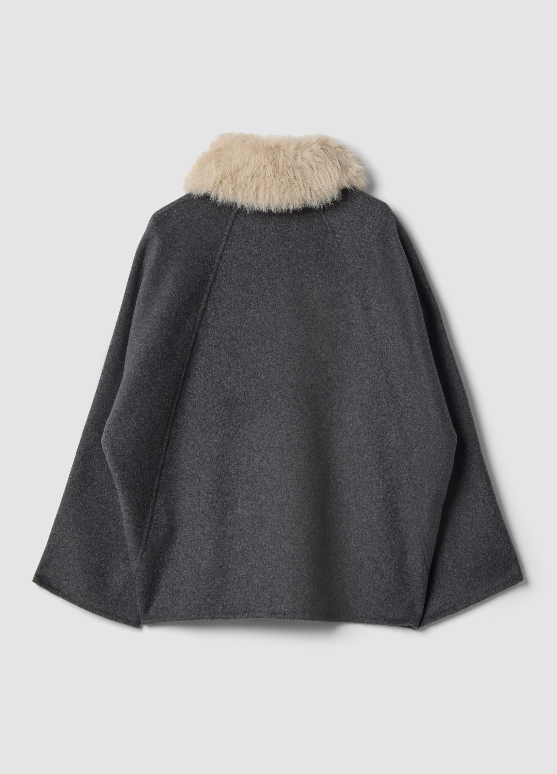 Grey wool and viscose-blend shacket with faux-fur collar